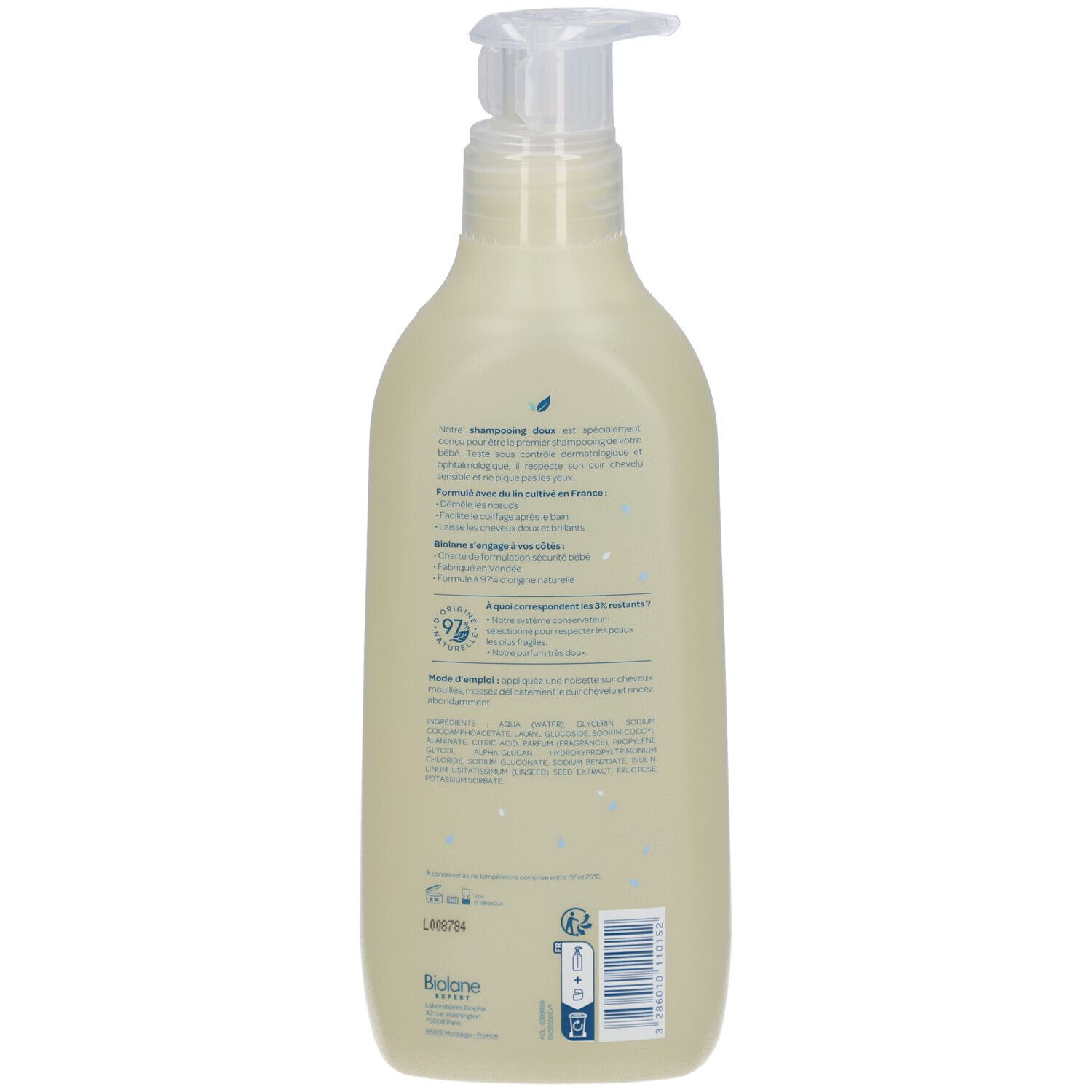 Achterkant van de Biolane Expert Shampooing Doux fles. Tekst en ingrediënten.