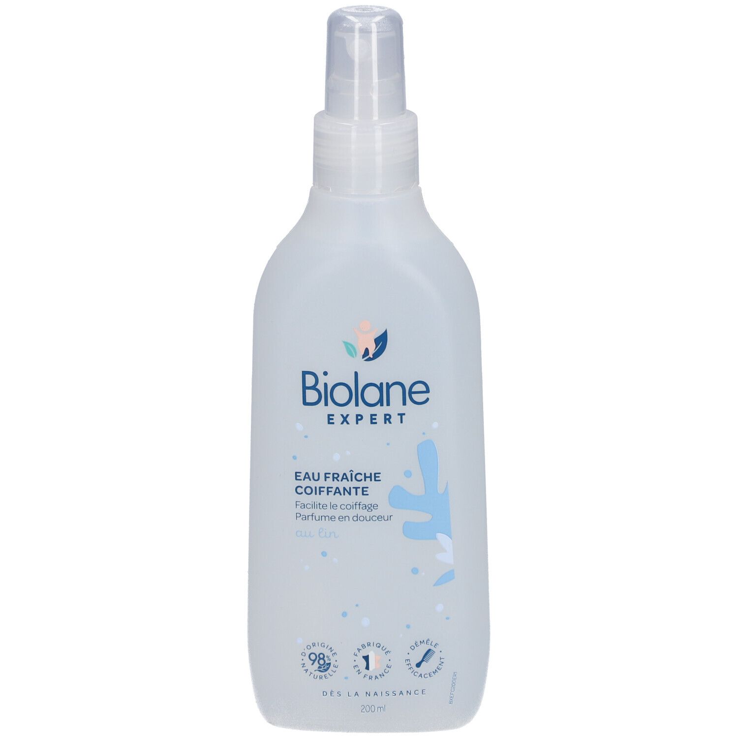 Biolane Expert Eau Fraîche Coiffante. Fles met verstuiver. Lichtblauwe vloeistof. Etiket met logo en tekst.