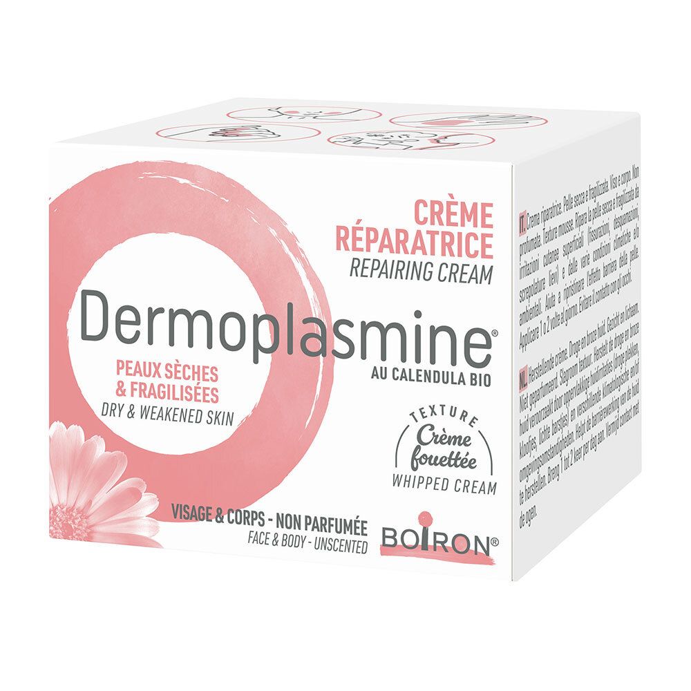 Boîte de crème Dermoplasmine. Cercle rose avec texte: Peaux sèches & fragilisées, Dry & weakened skin. Crème réparatrice.
