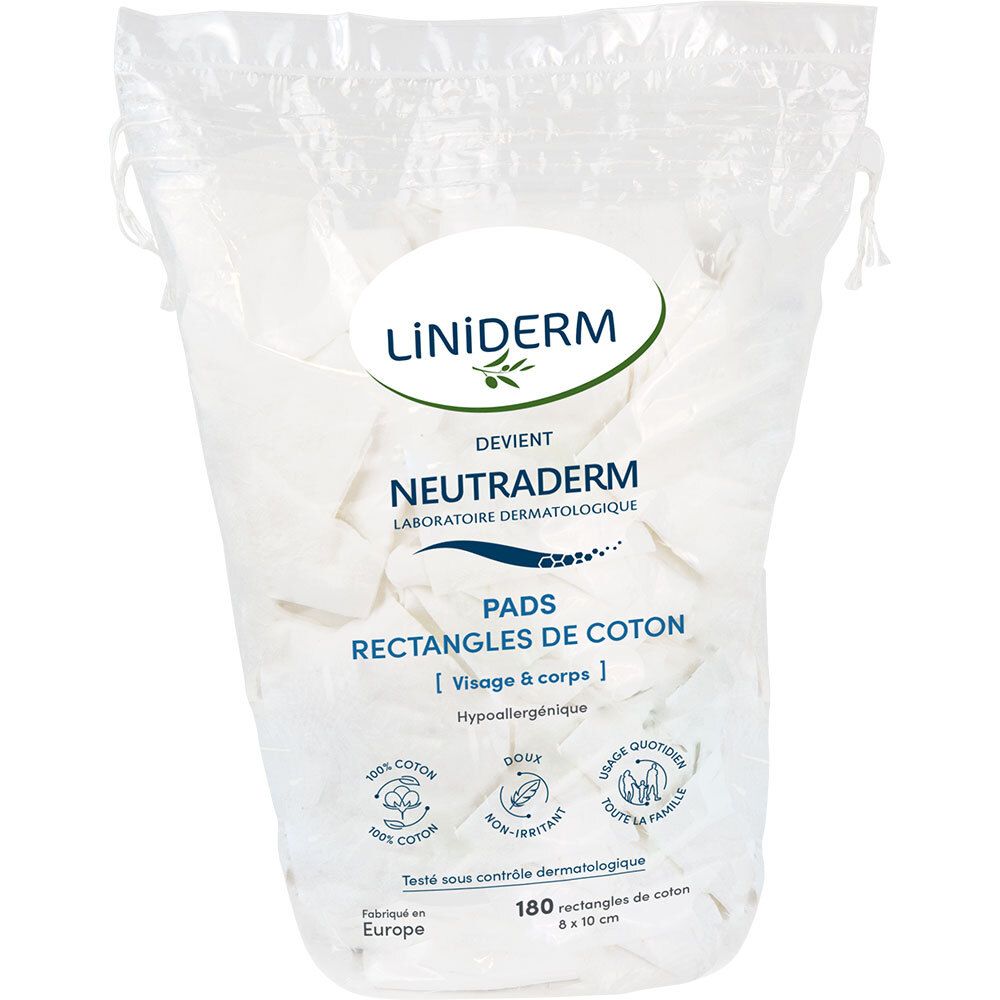 Verpakking met 180 Neutraderm katoenen pads, rechthoekig, 8 x 10 cm, hypoallergeen.
