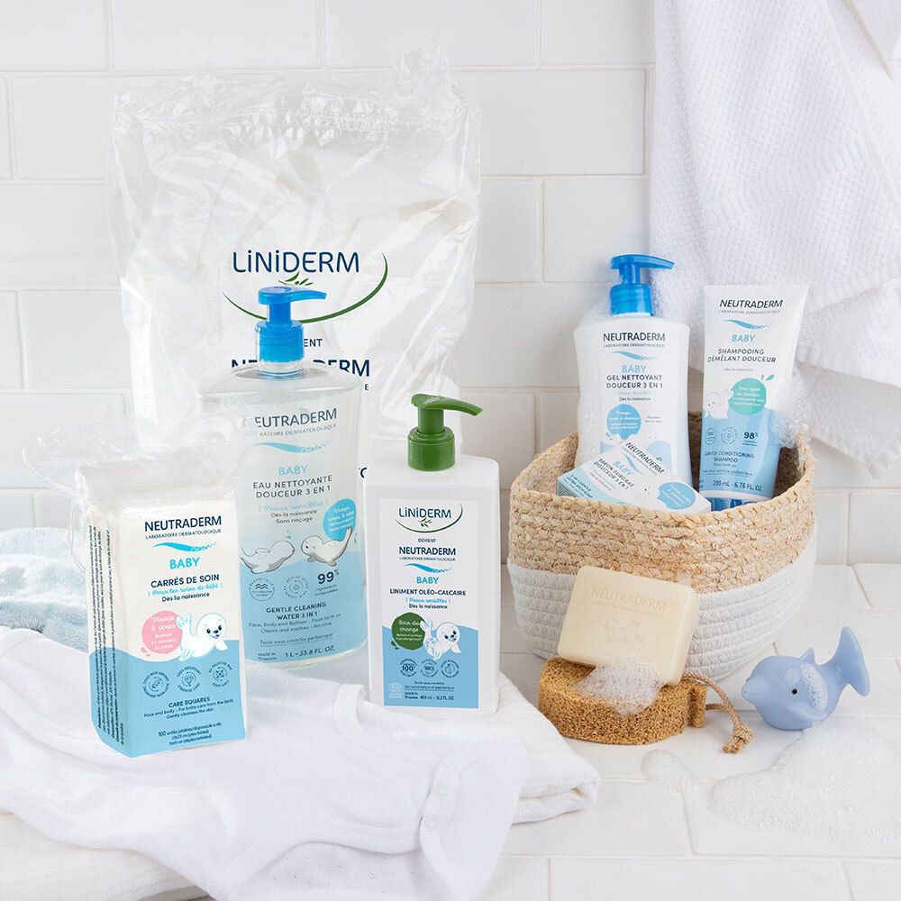 Neutraderm Baby producten: wasgel, doekjes, pads, zeep en lotion in een mand.