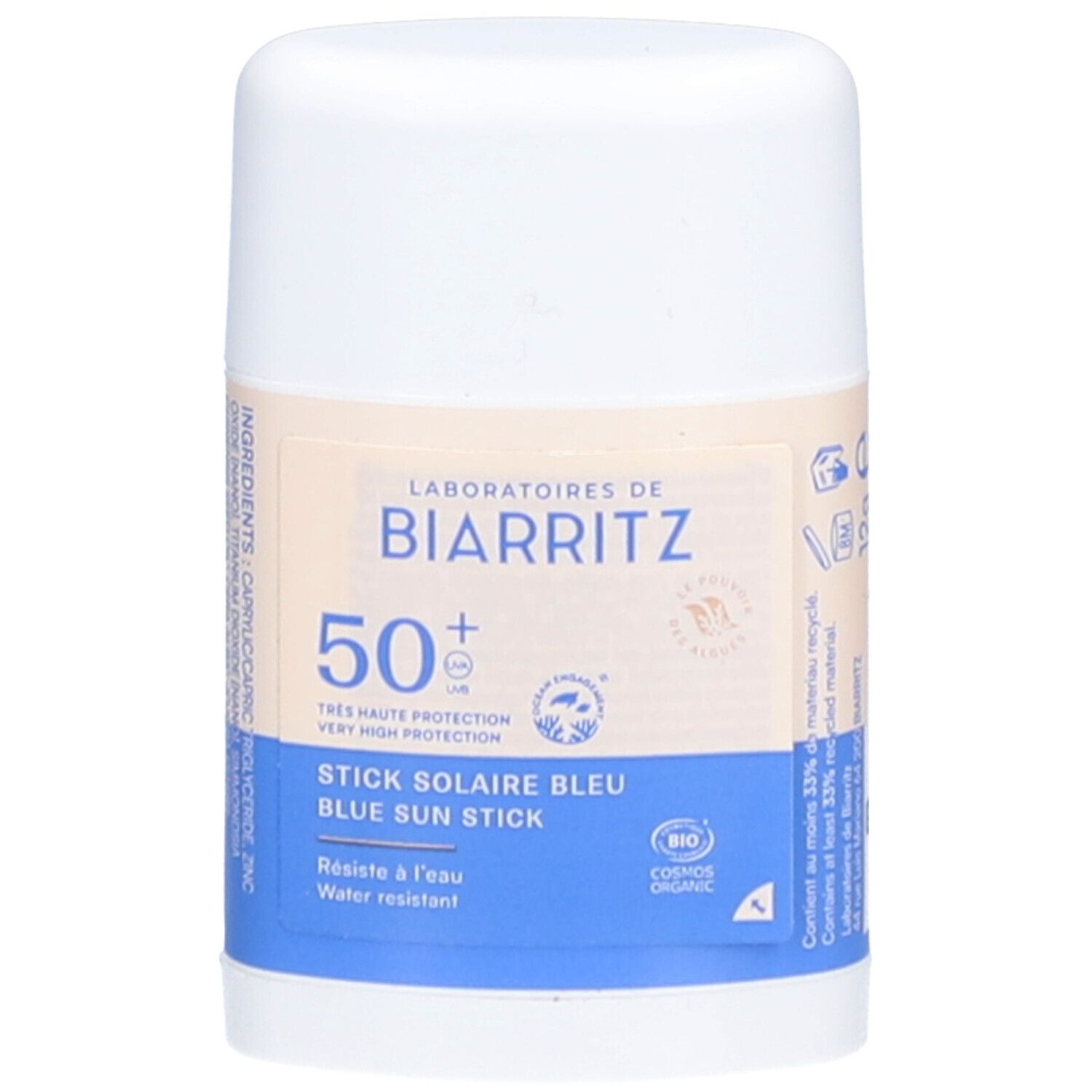 Stick Solaire Bleu SPF50+ LABORATOIRES DE BIARRITZ. Stick blanc, texte bleu. Label bio visible.