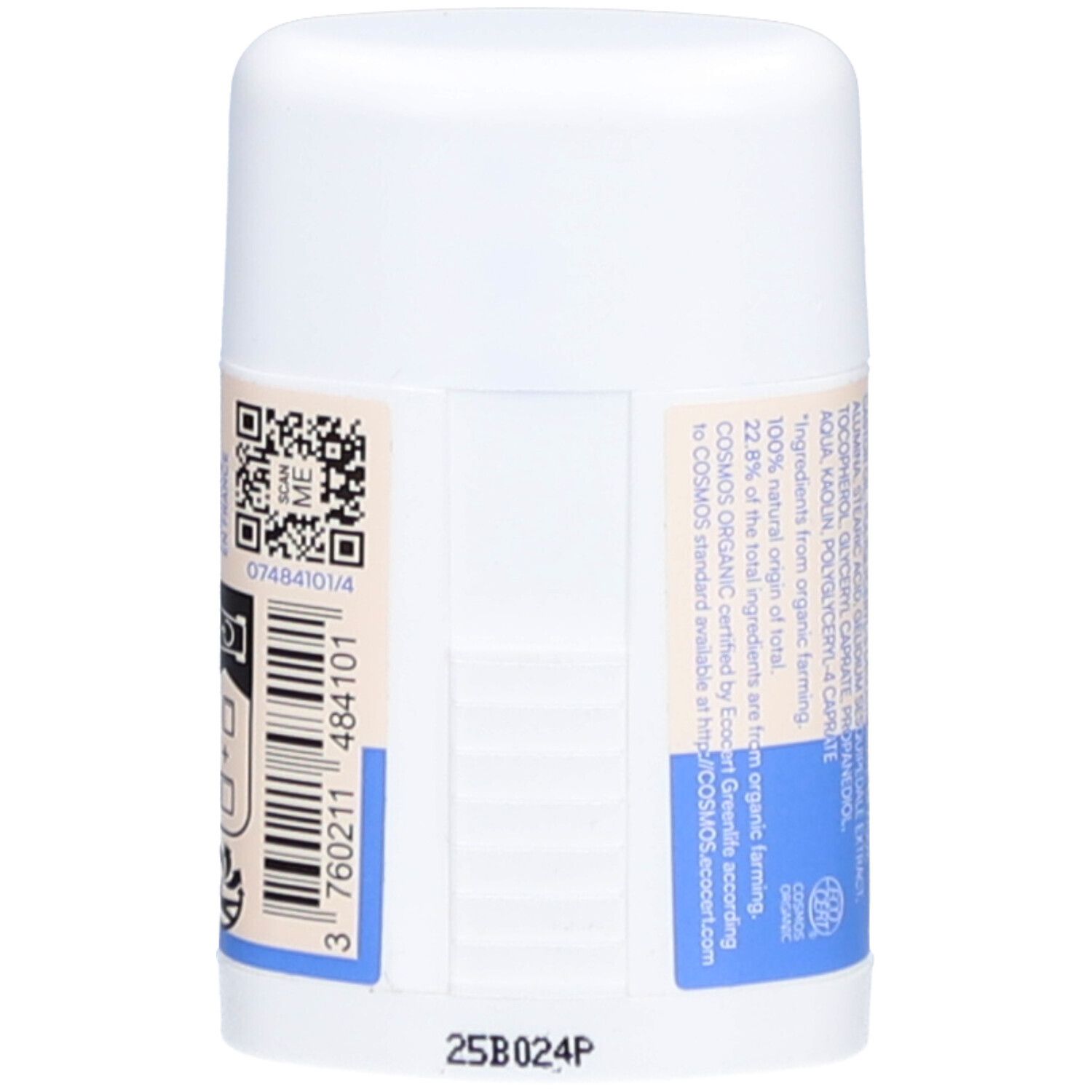 Dos du Stick Solaire Bleu SPF50+. Code-barres, texte et label bio. Récipient blanc.