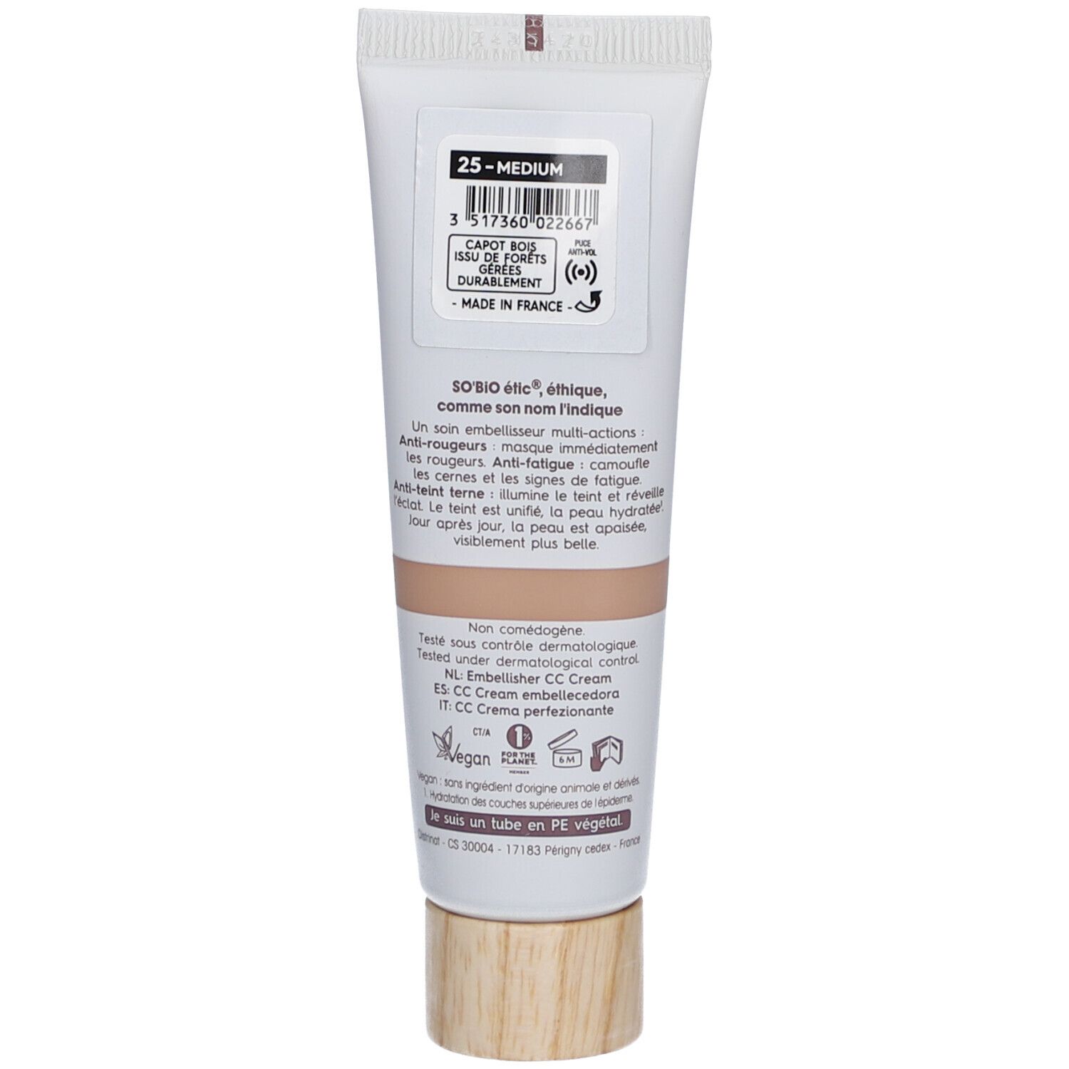 Achterkant SO BIO ETIC CC Perfect tube, tint Medium. Tekst en barcode. Vegan logo.