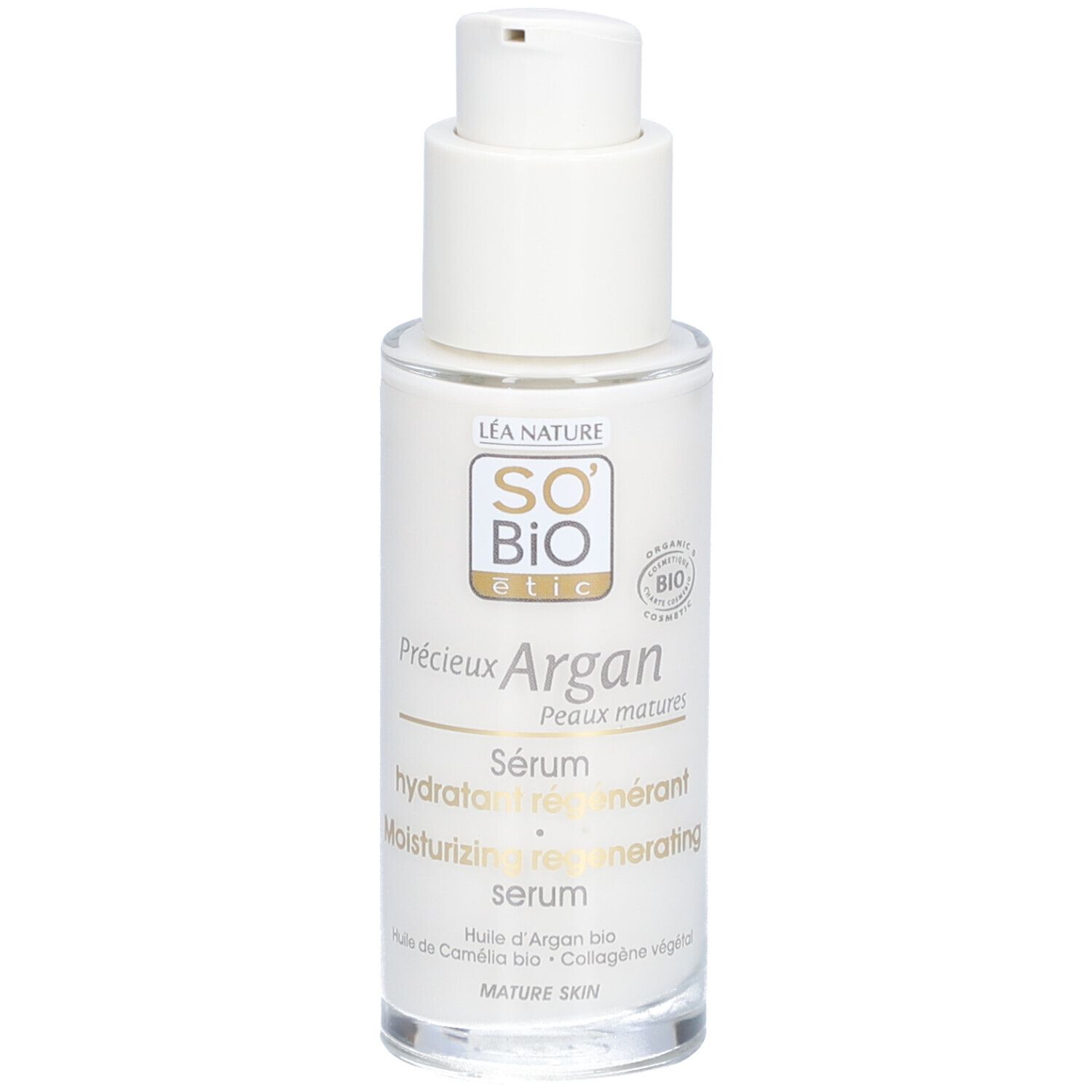 Flacon blanc avec pompe. Inscriptions: SO BIO etic, Argan, Sérum, Peaux matures. Label bio.
