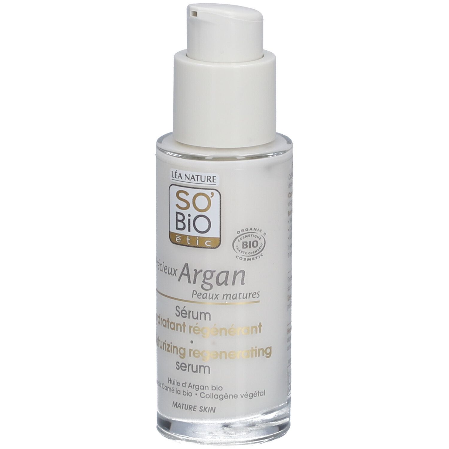 Flacon blanc avec pompe. Inscriptions: SO BIO etic, Argan, Sérum, Peaux matures. Label bio.