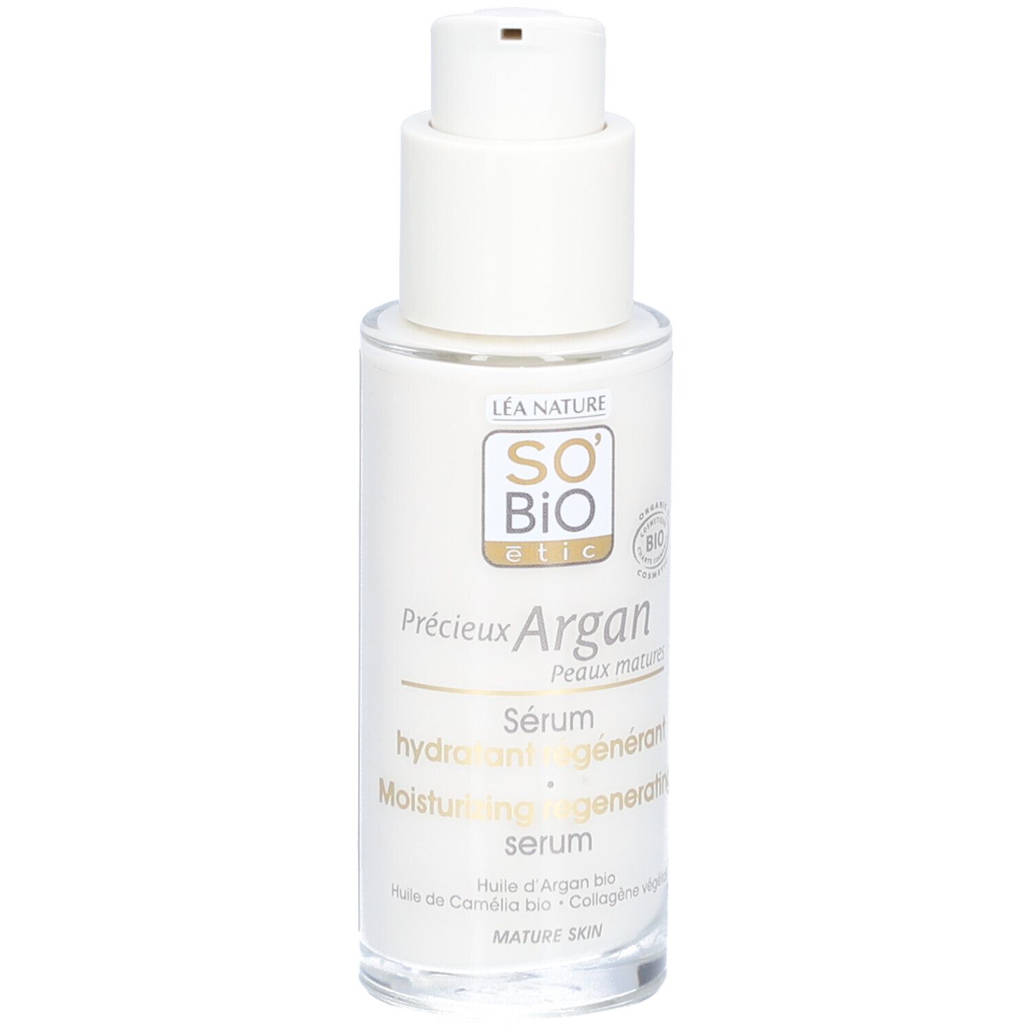 Flacon blanc avec pompe. Inscriptions: SO BIO etic, Argan, Sérum, Peaux matures. Label bio.