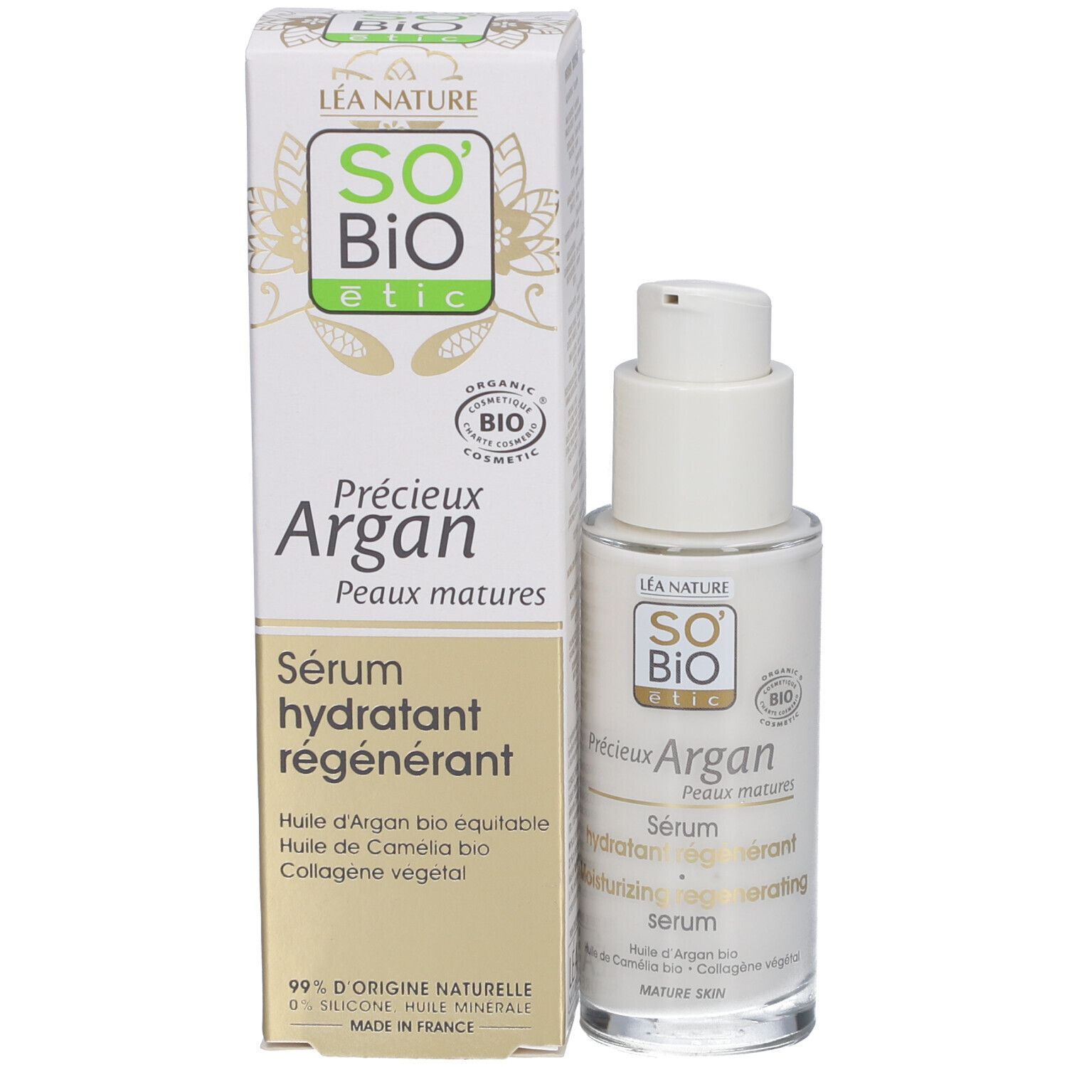 Flacon et emballage. Inscriptions: SO BIO etic, Argan, Sérum, Peaux matures. Label bio.