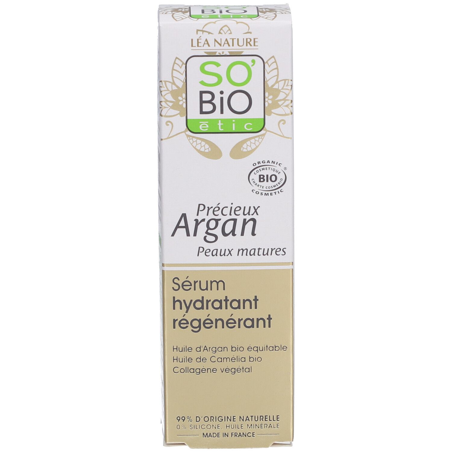 Emballage du produit. Inscriptions: SO BIO etic, Argan, Sérum, Peaux matures. Label bio.