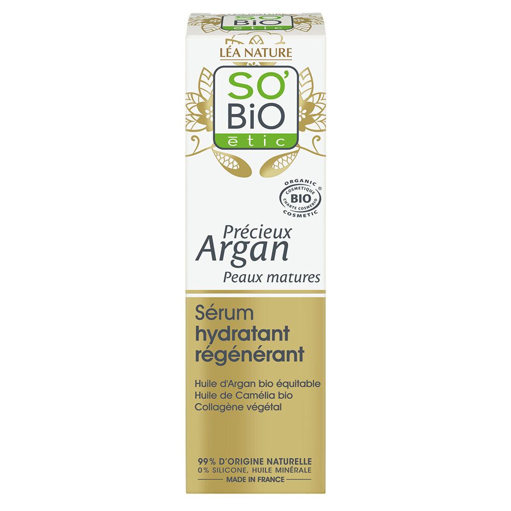Kartonnen verpakking. Opschrift: SO BIO etic, Précieux Argan, Sérum hydratant régénérant. Bio-label. 99% natuurlijke ingrediënten.