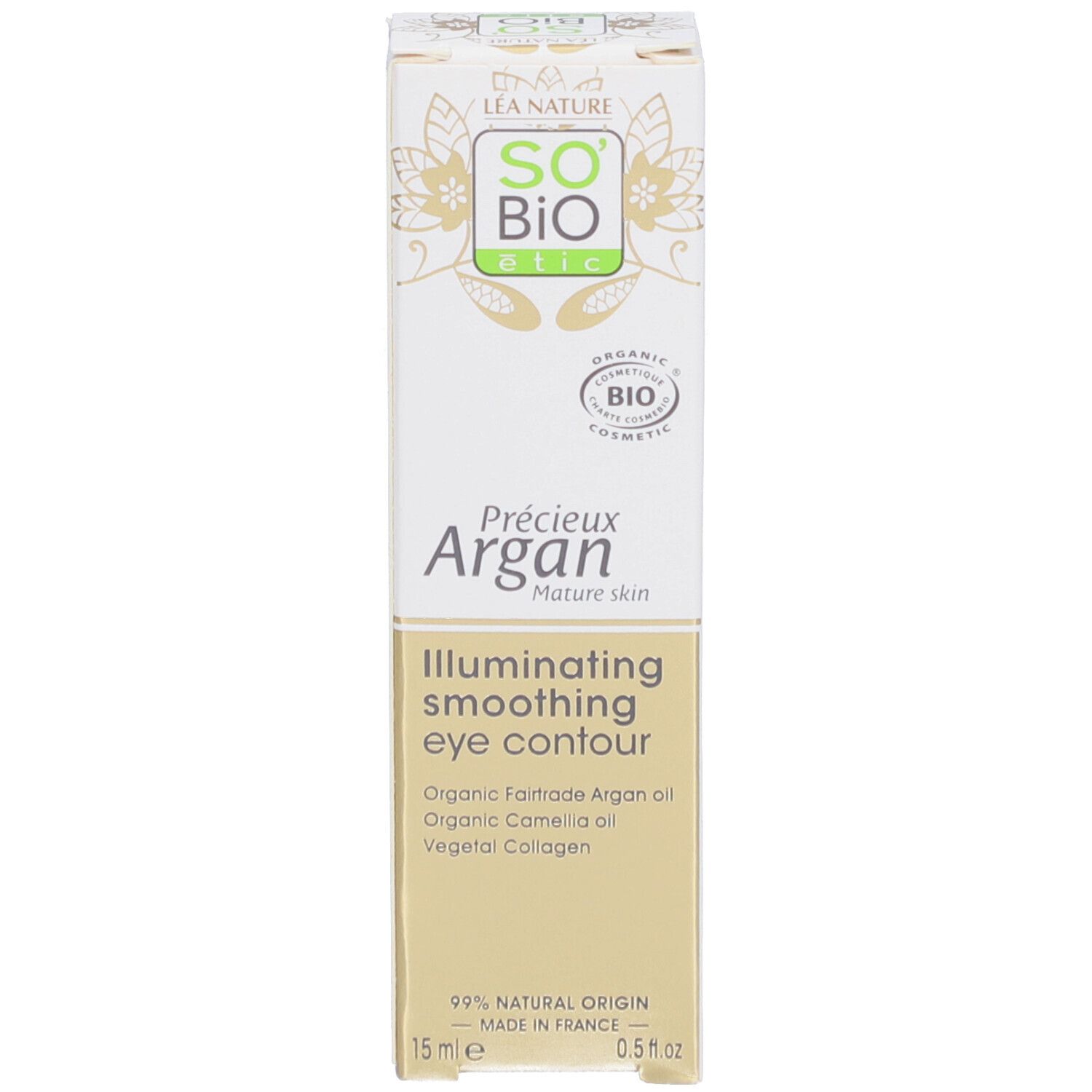 Emballage SO BIO ETIC. Texte: Pr
cieux Argan, Illuminating smoothing eye contour. Label bio. 15 ml.