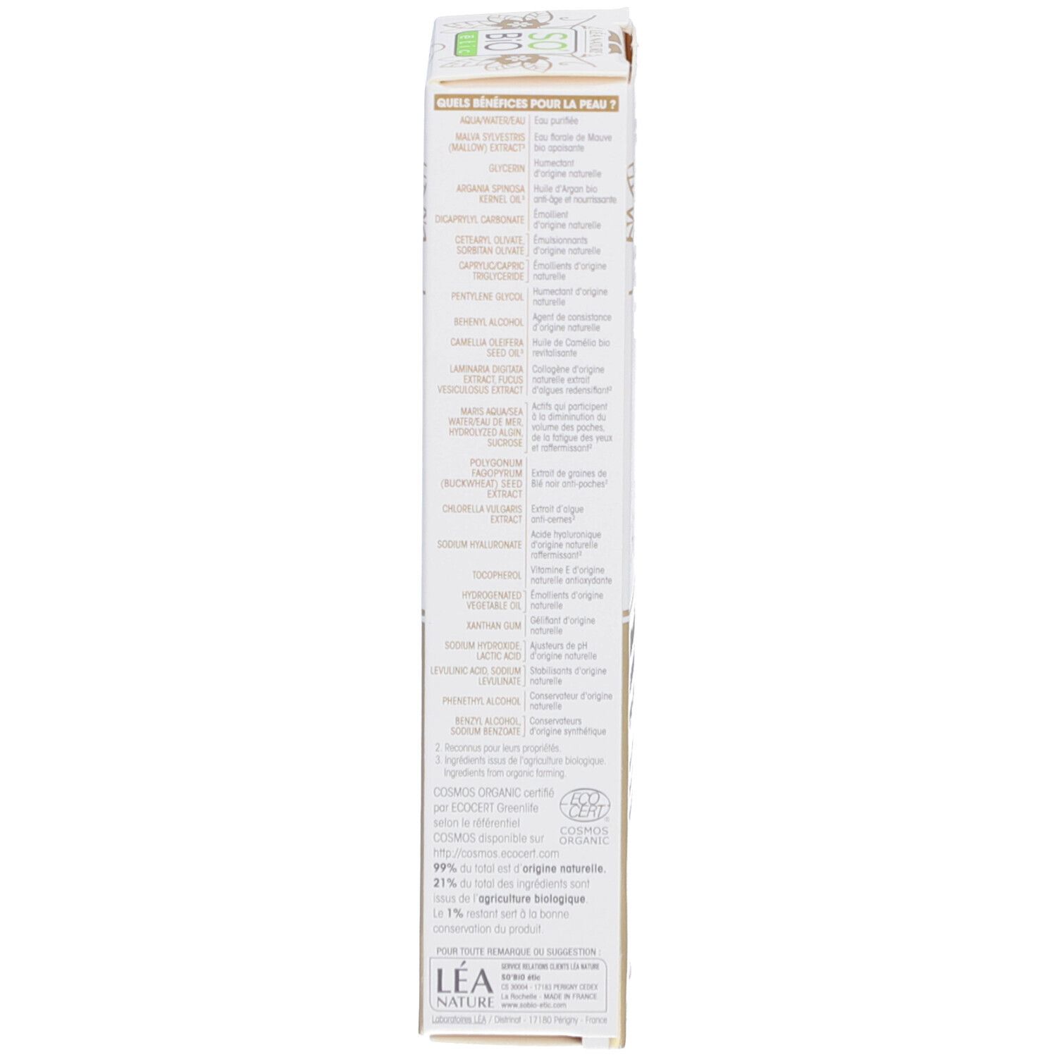 Zijkant van de doos. Tekst: ingrediënten, bio-certificering, 99% natuurlijke oorsprong, gemaakt in Frankrijk.
