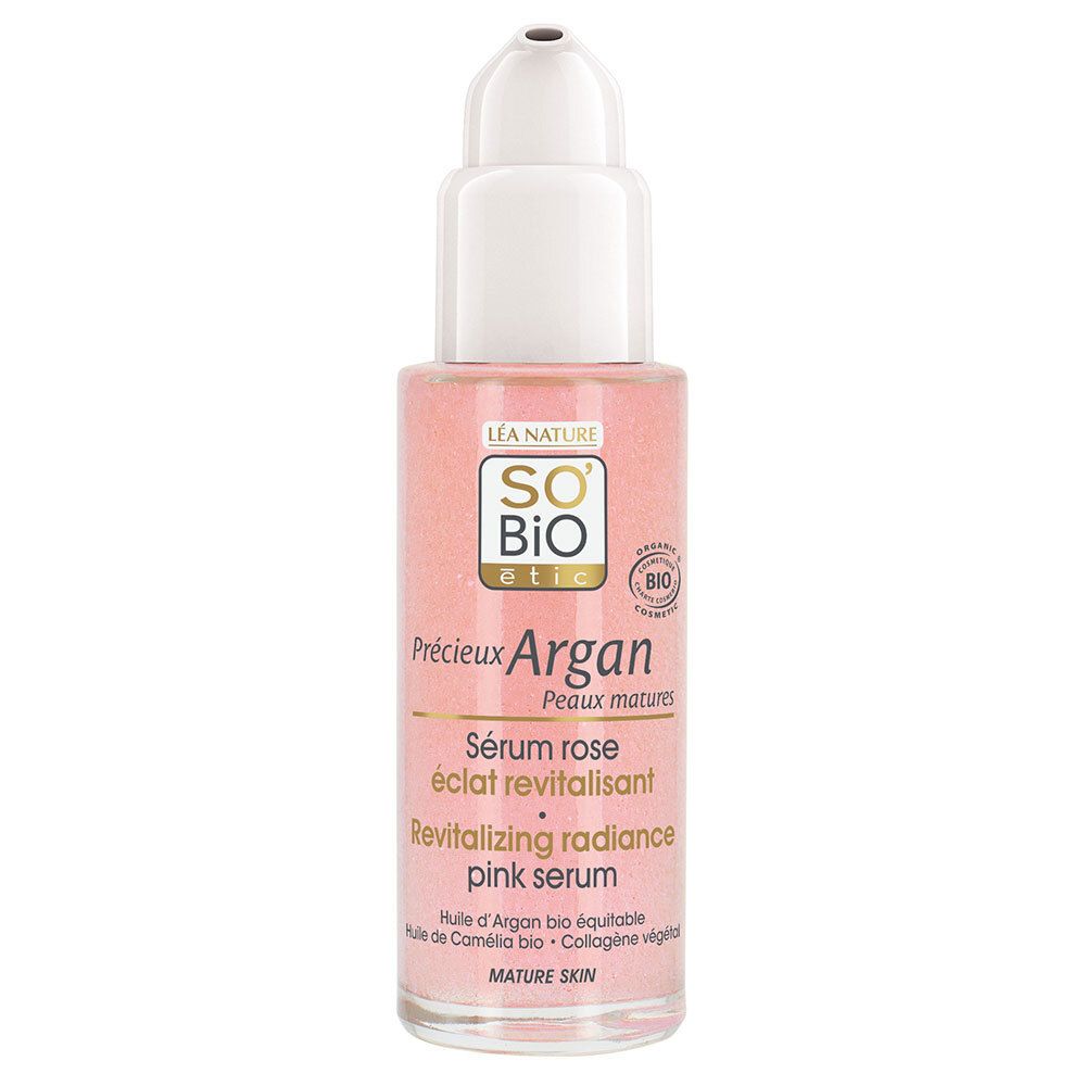 Roze serumfles met witte pomp. Opschrift: SO BIO etic, Précieux Argan, Sérum rose éclat revitalisant.
