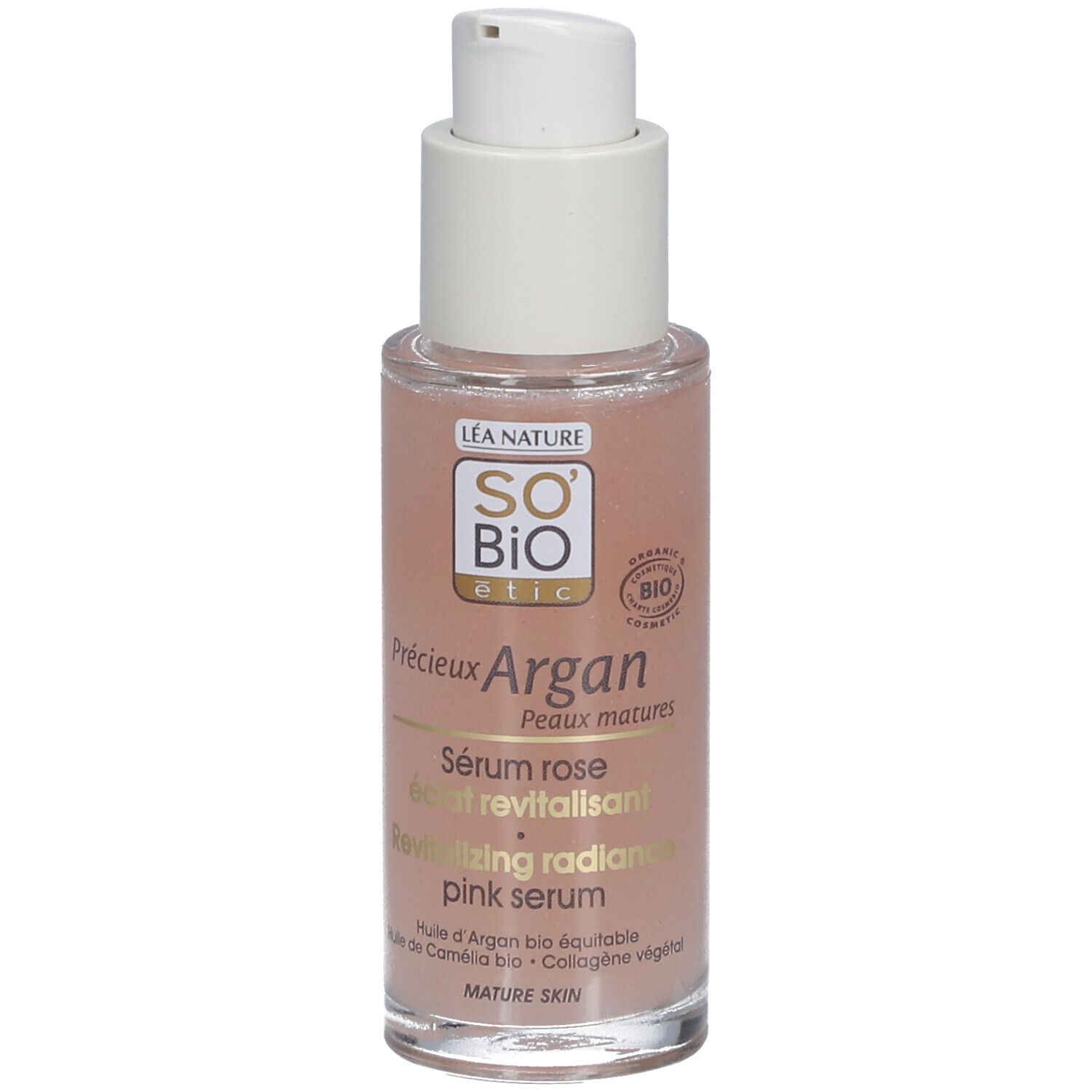 Roze serumfles met witte pomp. Opschrift: SO BIO etic, Précieux Argan, Sérum rose éclat revitalisant.