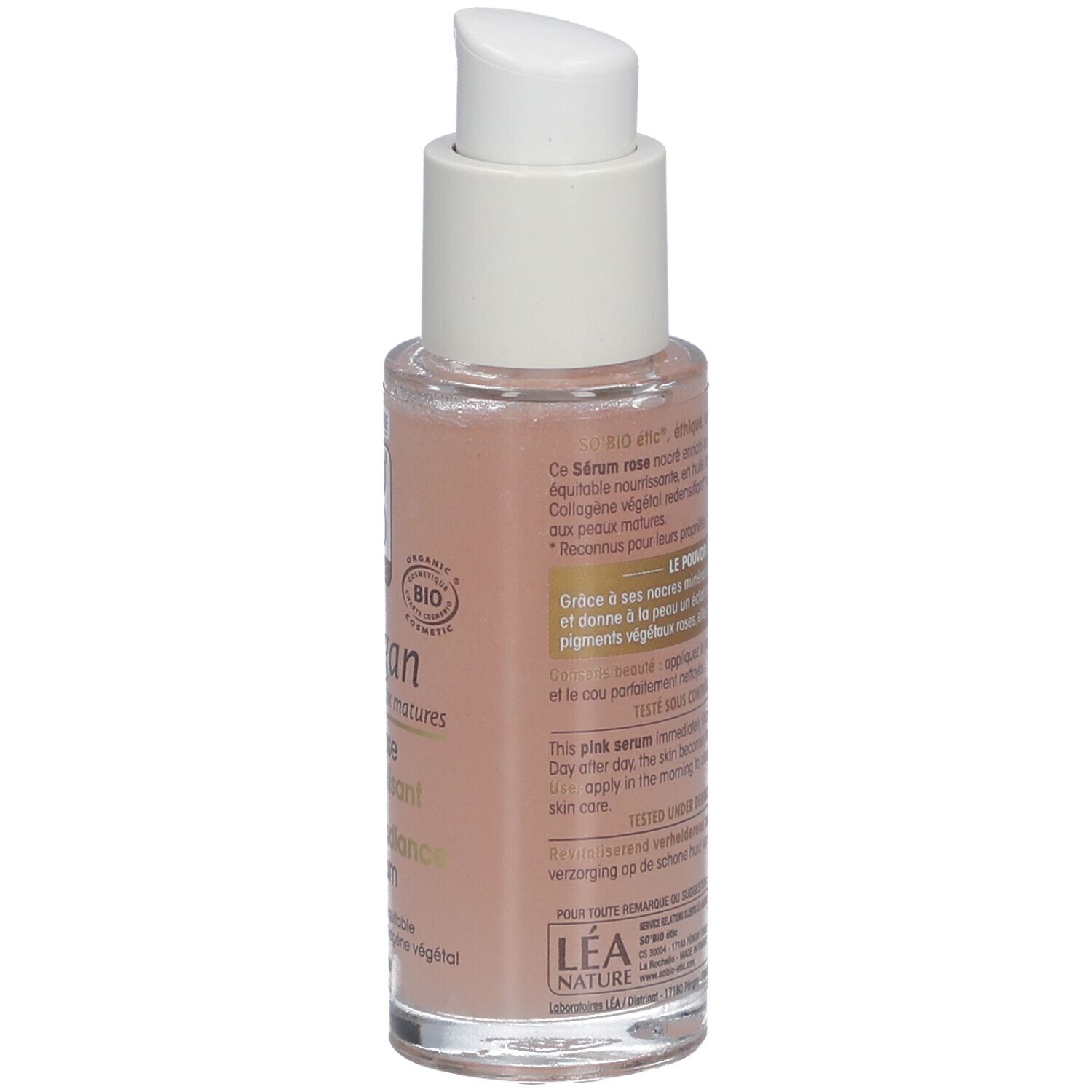 Achterkant roze serumfles met witte pomp. Tekst: SO BIO etic, Précieux Argan, Sérum rose éclat revitalisant.