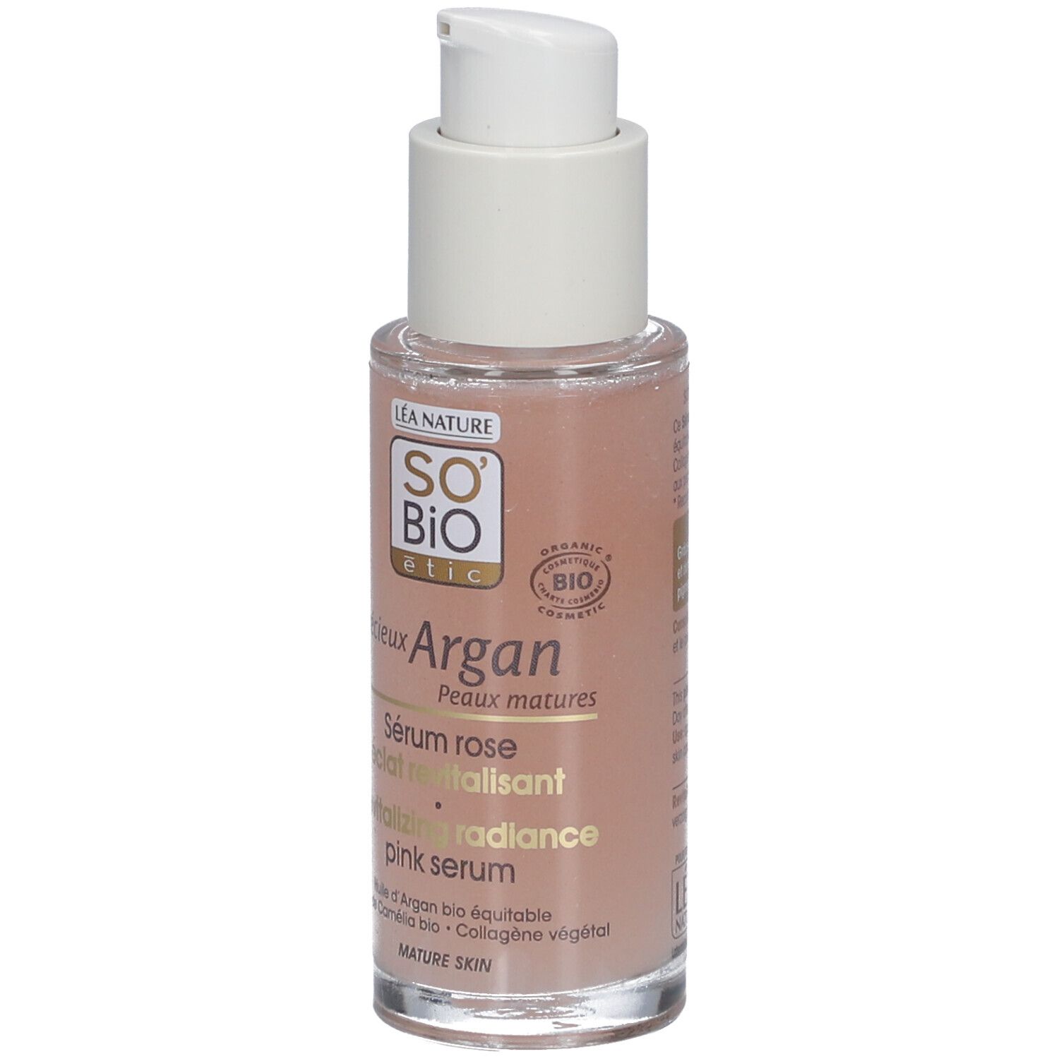 Roze serumfles met witte pomp. Opschrift: SO BIO etic, Précieux Argan, Sérum rose éclat revitalisant.