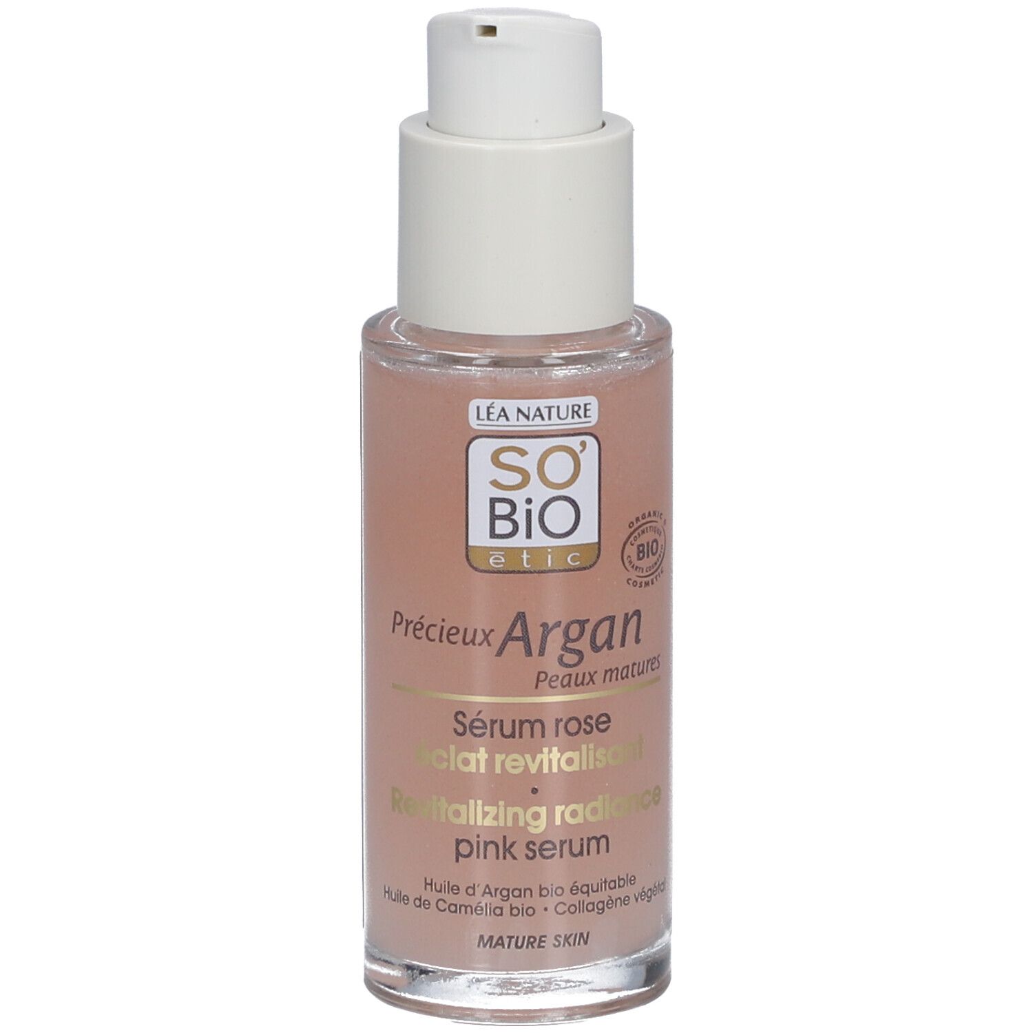Roze serumfles met witte pomp. Opschrift: SO BIO etic, Précieux Argan, Sérum rose éclat revitalisant.