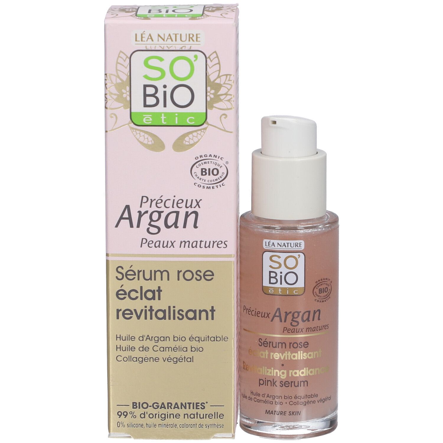 Productverpakking en serumfles. Opschrift: SO BIO etic, Précieux Argan, Sérum rose éclat revitalisant.