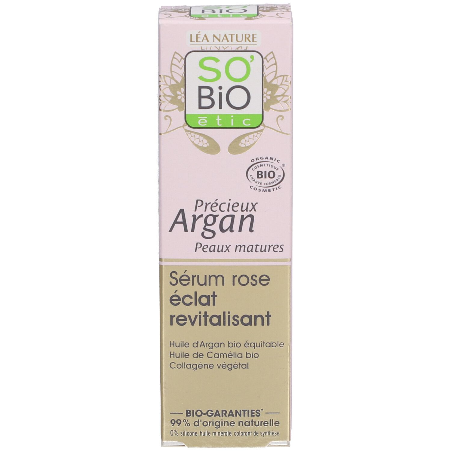 Productverpakking. Opschrift: SO BIO etic, Précieux Argan, Sérum rose éclat revitalisant.