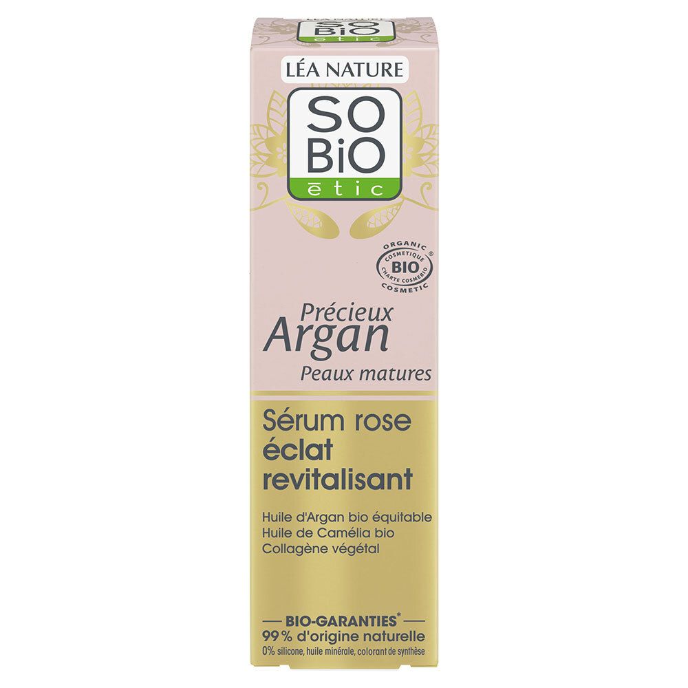 Kartonnen verpakking met opschrift: SO BIO etic, Précieux Argan, Sérum rose éclat revitalisant. Bio-certificering.