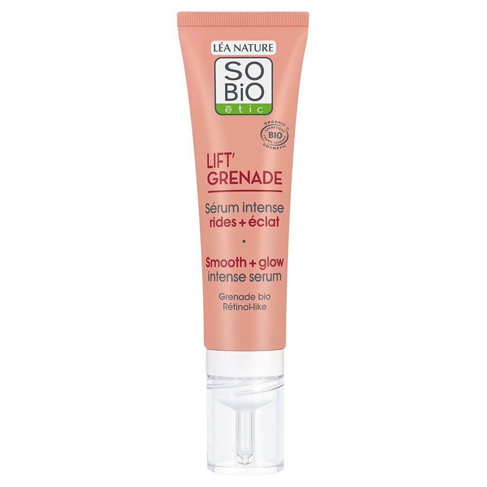 Roze tube met witte applicator. Tekst: SO BIO etic, Lift' Grenade, Sérum intense rides + éclat, Smooth + glow intense serum.