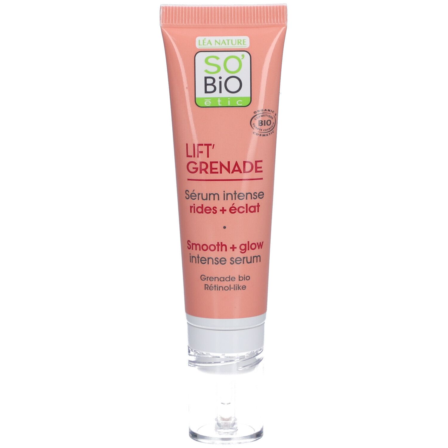 Roze tube met serum. Opschrift: Lift' Grenade, serum intense rides + éclat. Bio-certificering.