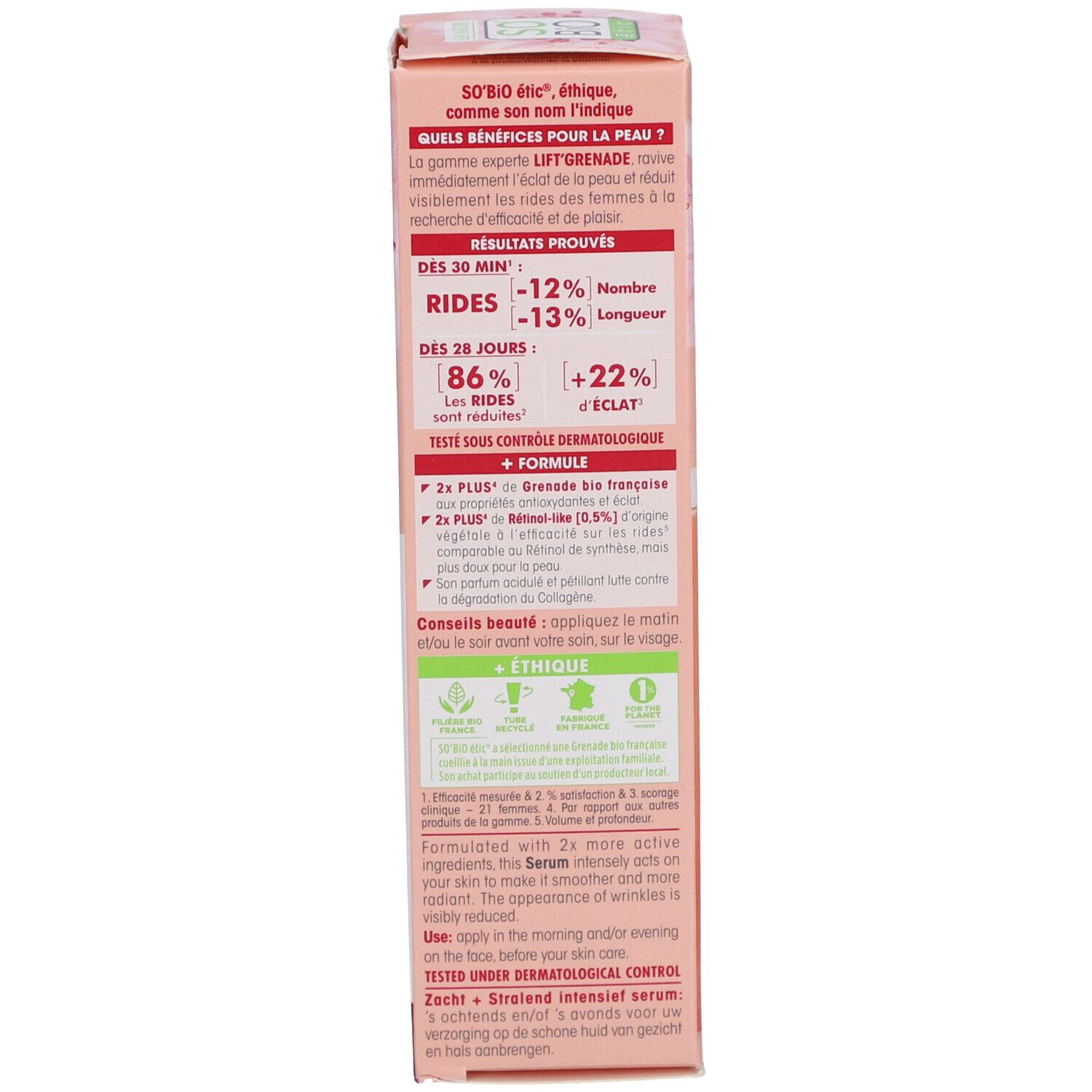 Productverpakking. Tekst: SO'BiO étic, voordelen voor de huid. Resultaten na 30 dagen. Bio-certificering.
