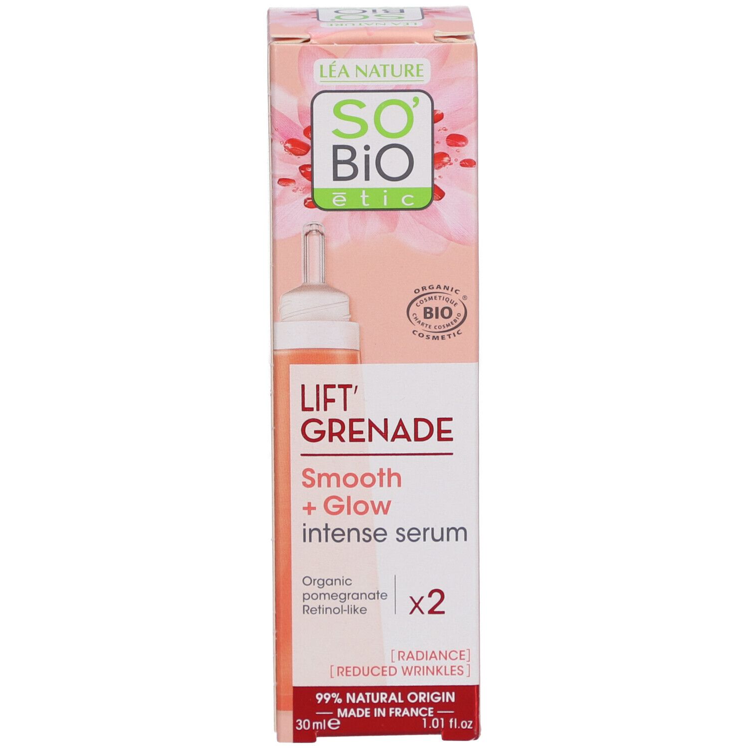 Productverpakking. Opschrift: Lift' Grenade, Smooth + Glow intense serum. Bio-certificering. 30 ml.