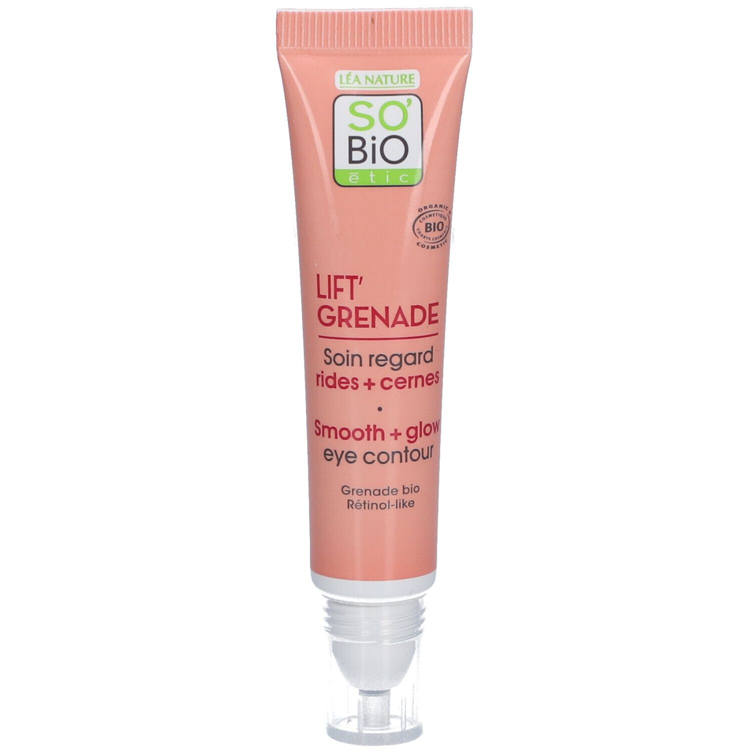 Tube rose SO BIO ETIC. Contient "Lift'Grenade" et "Smooth + glow eye contour". Inscription "Soin regard rides + cernes".