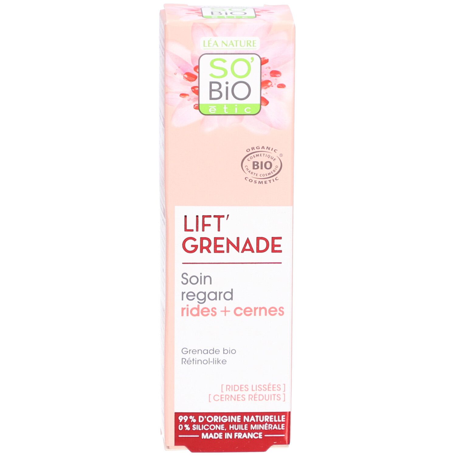 Emballage produit. Contient "SO BIO ETIC", "Lift'Grenade" et "Soin regard rides + cernes". Certification bio.
