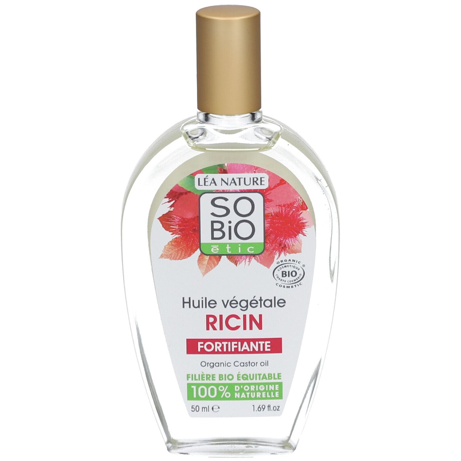 SO BIO ETIC ricinusolie fles. Transparant glas, gouden dop. Rode sticker met tekst en logo.