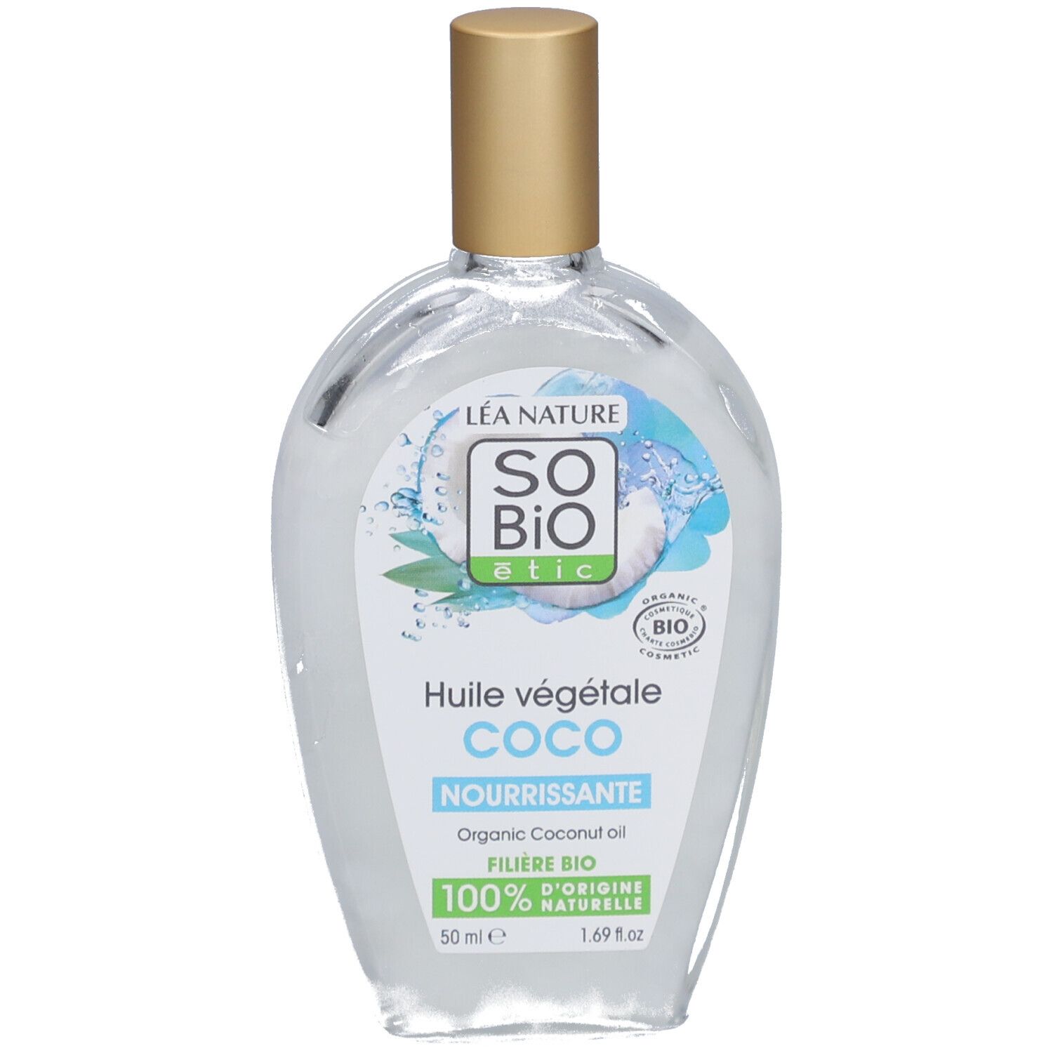 SO BIO ETIC Kokosolie. Transparante glazen fles met gouden dop. Etiket met productinfo en bio-keurmerk.