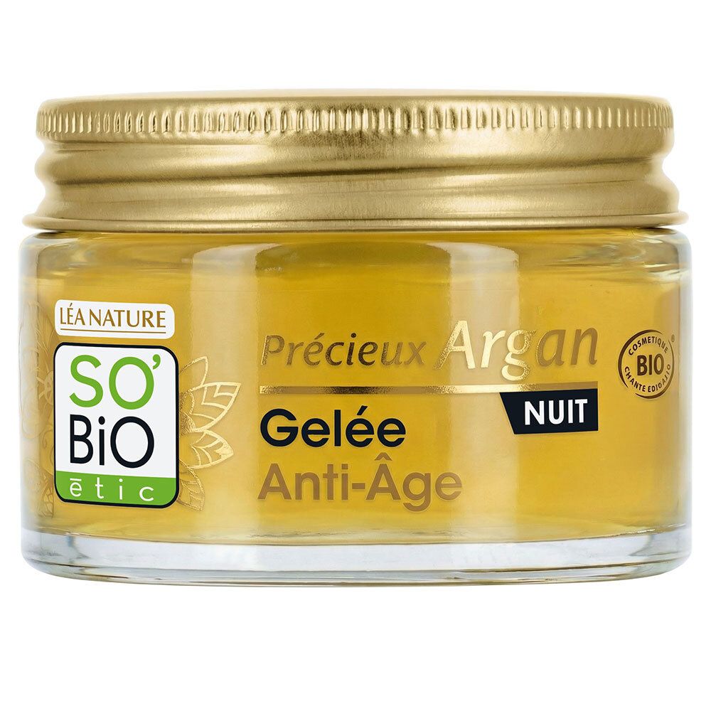 Pot en verre avec couvercle doré. Inscription: SO BIO etic, Gelée Anti-Âge, Nuit. Certification: Cosmetique Bio.