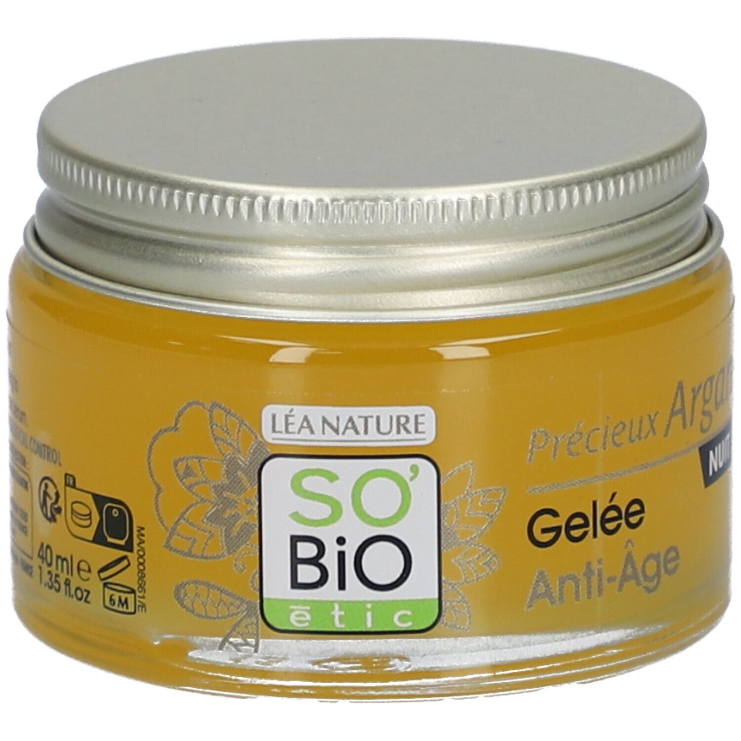 Pot de gel doré avec couvercle argenté. Inscription: SO'BiO étic, Gelée Anti-Âge Nuit.