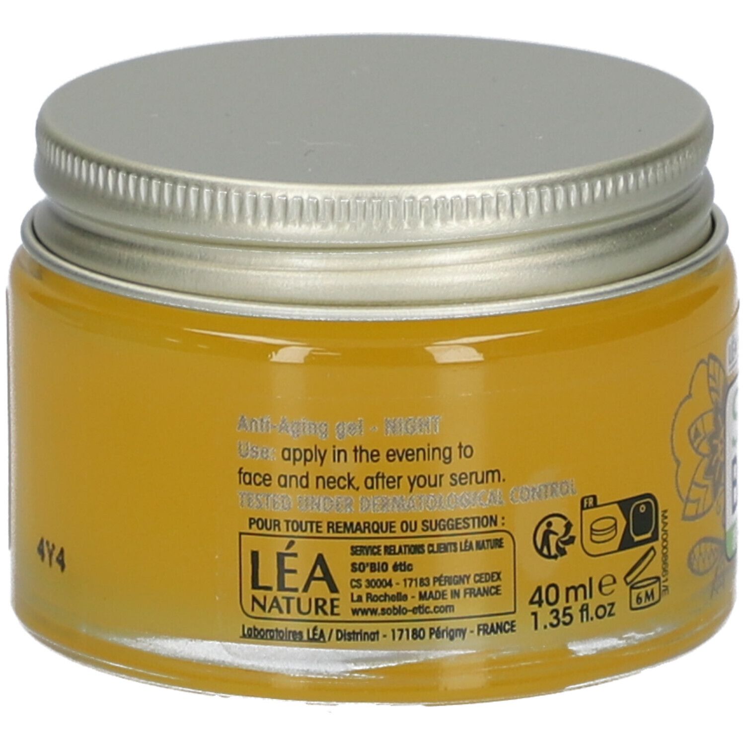 Dos du gel. Texte: Appliquer le soir sur le visage et le cou après le sérum.