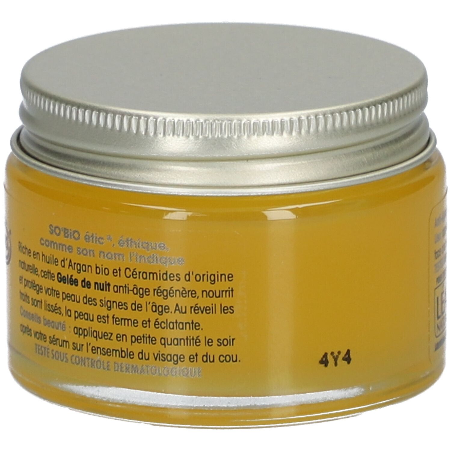 Dos du gel. Texte: SO'BiO étic, à l'huile d'Argan et céramides. Pour une peau éclatante.