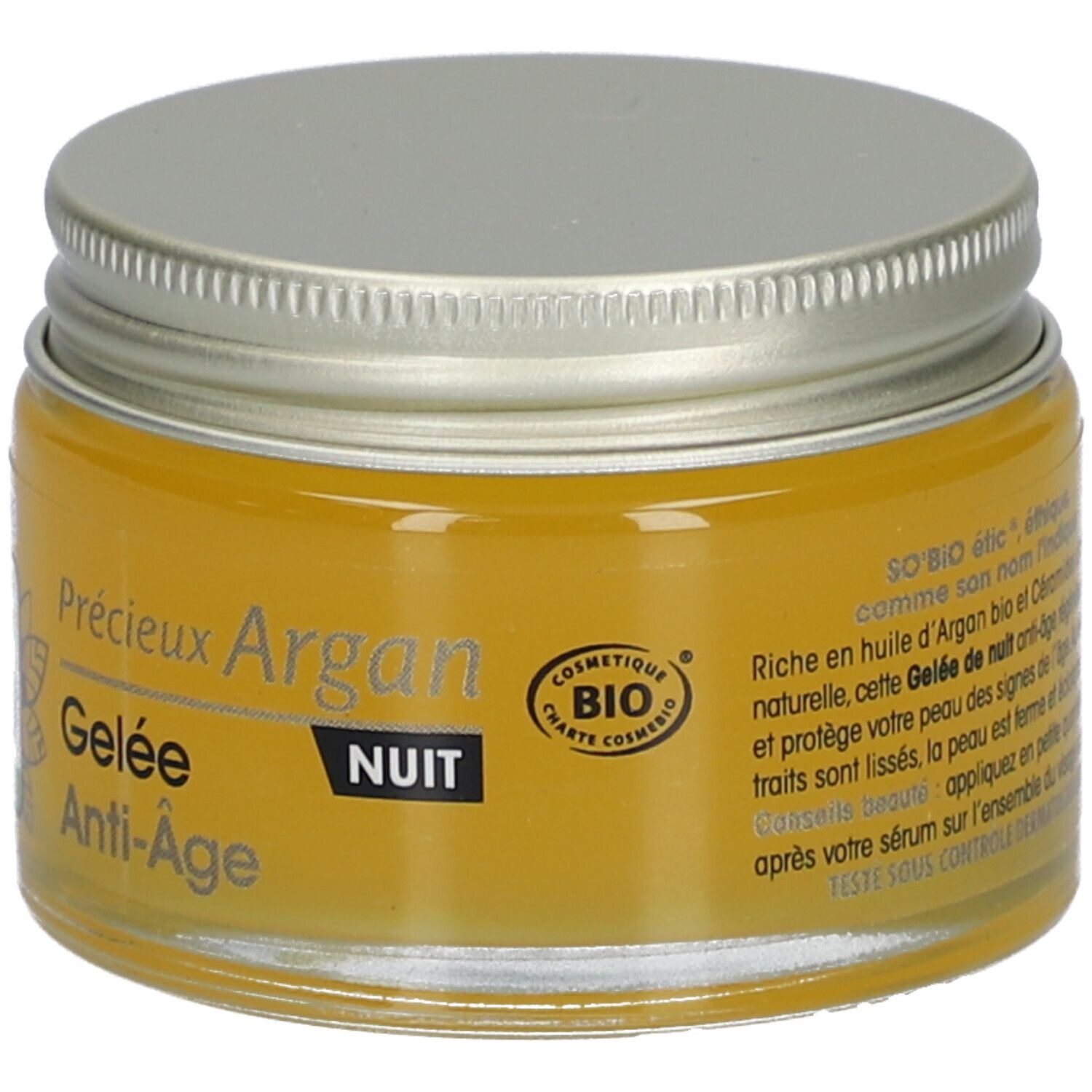 Pot de gel doré avec couvercle argenté. Inscription: SO'BiO étic, Gelée Anti-Âge Nuit, BIO.