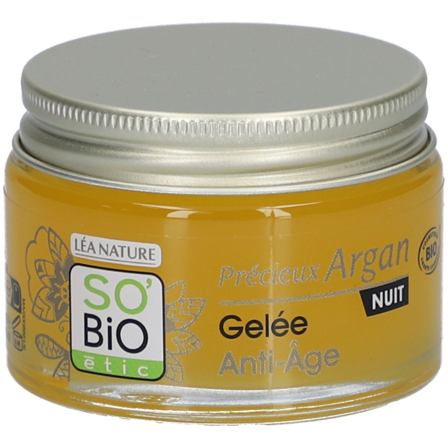 Pot de gel doré avec couvercle argenté. Inscription: SO'BiO étic, Gelée Anti-Âge Nuit.