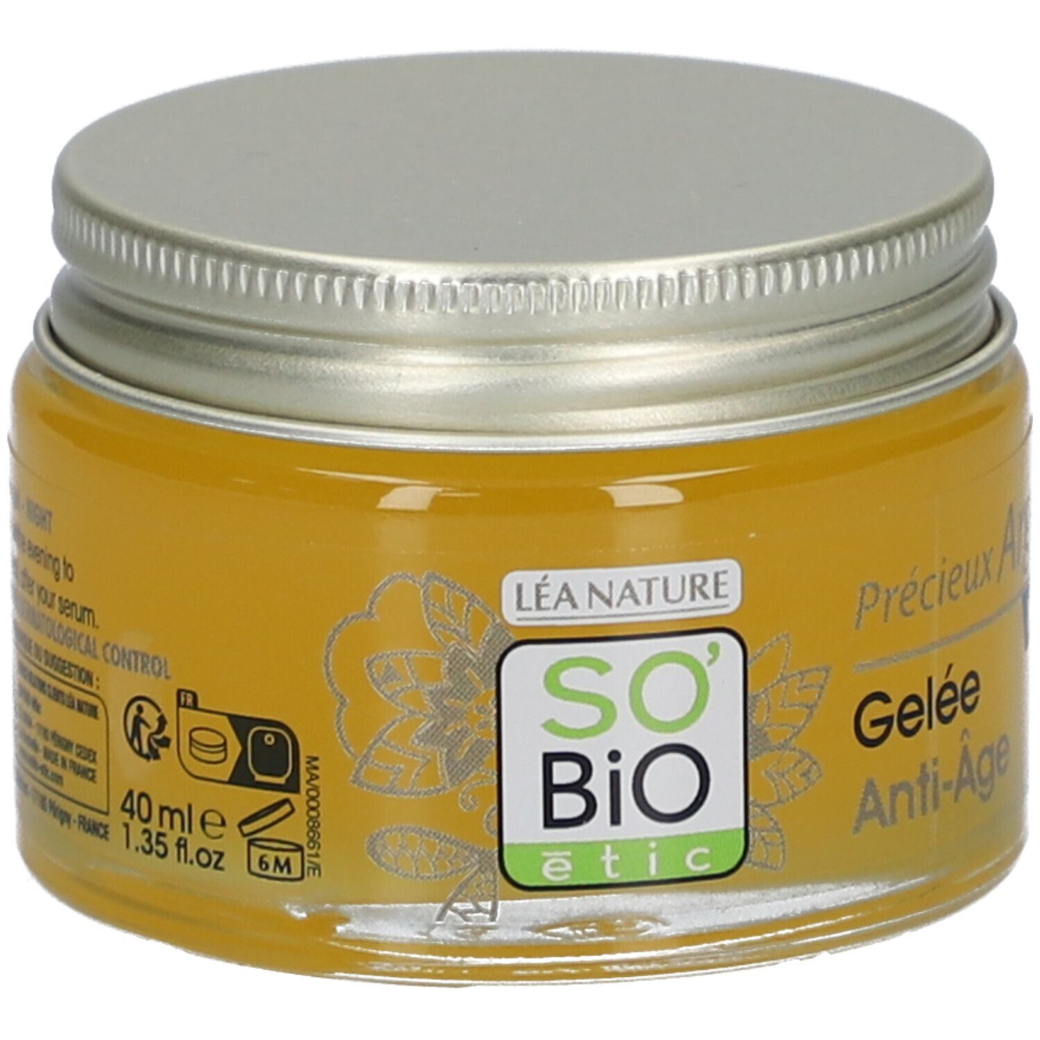 Pot de gel doré avec couvercle argenté. Inscription: SO'BiO étic, Gelée Anti-Âge Nuit, 40ml.
