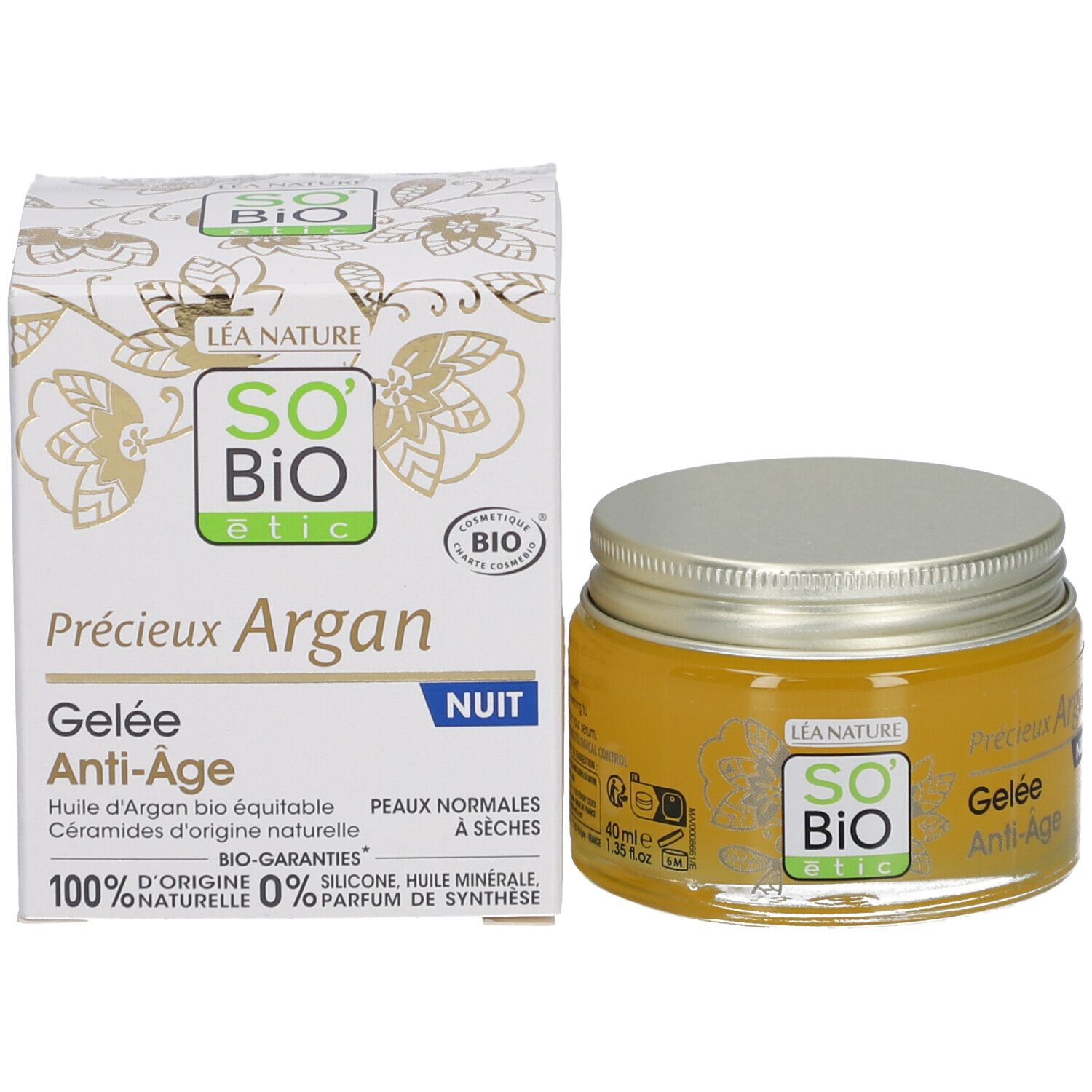 Emballage et pot de gel. Emballage: SO'BiO étic, Gelée Anti-Âge Nuit. Certification BIO.