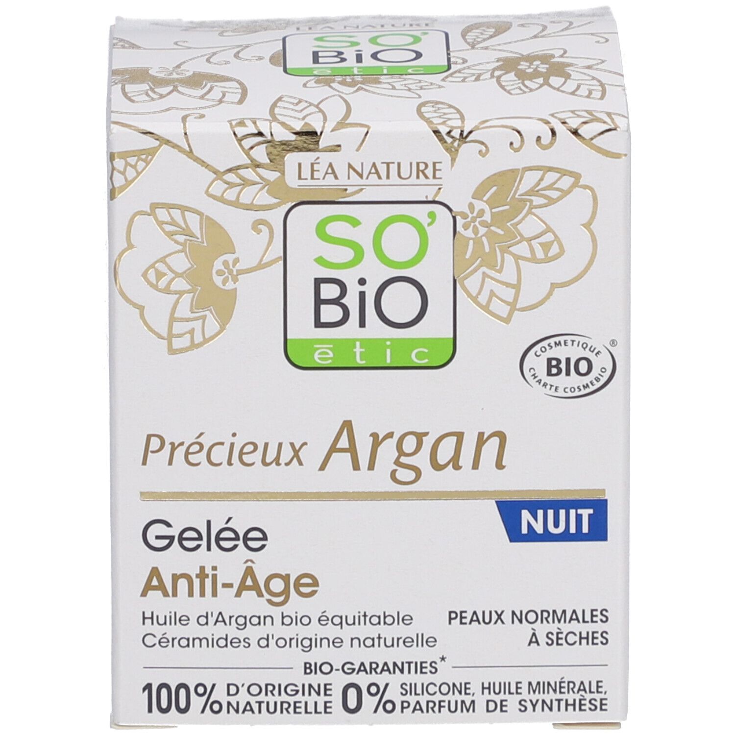 Emballage du produit. Inscription: SO'BiO étic, Gelée Anti-Âge Nuit. Certification BIO. Peaux normales à sèches.