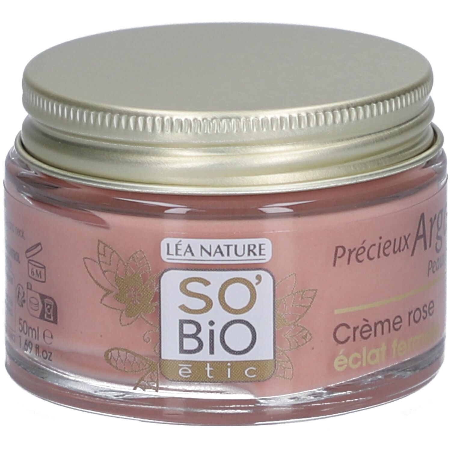 Pot roze crème met gouden deksel. Opschriften: SO'BiO étic, Léa Nature, Crème rose éclat fermé.