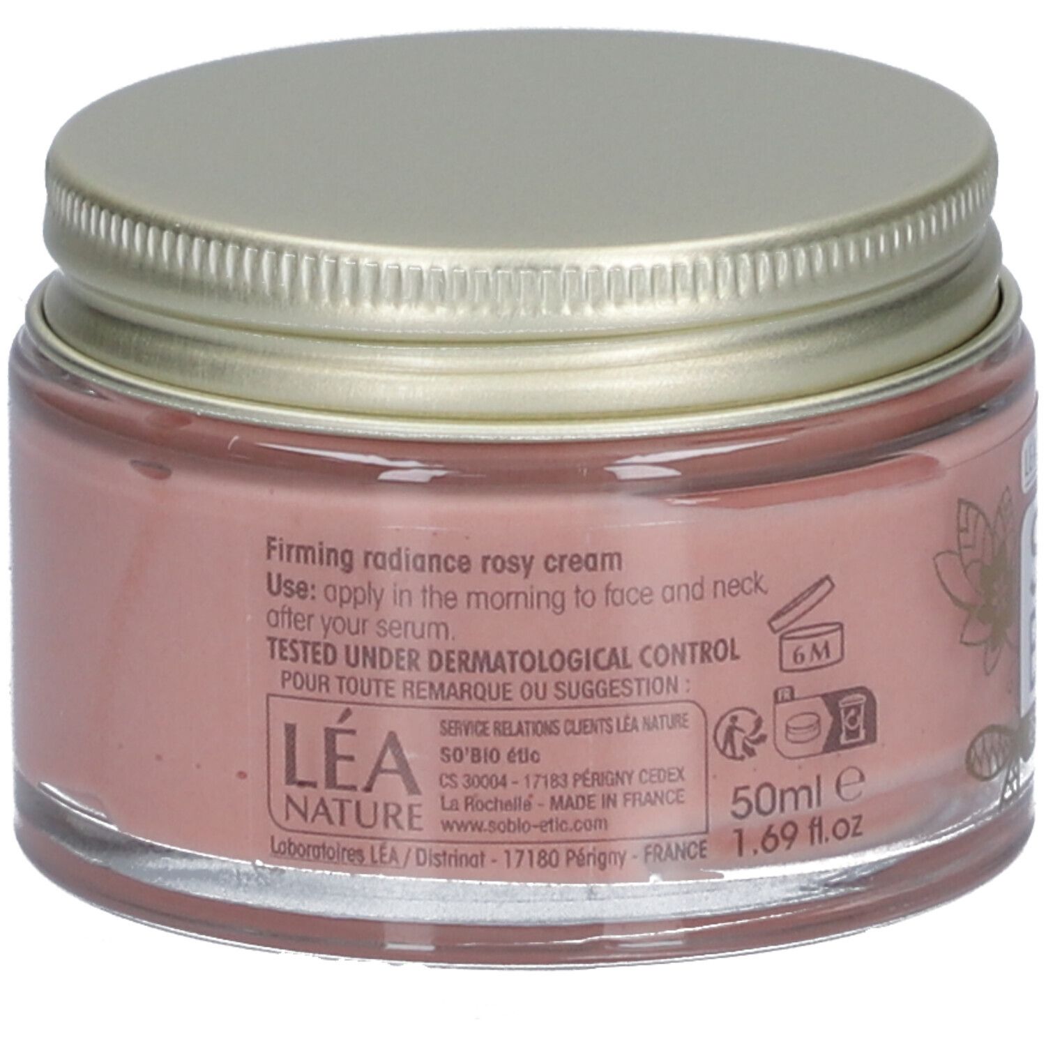 Pot roze crème met gouden deksel. Opschriften: SO'BiO étic, Léa Nature, Crème rose éclat fermé. 50ml, 1.69 fl.oz.