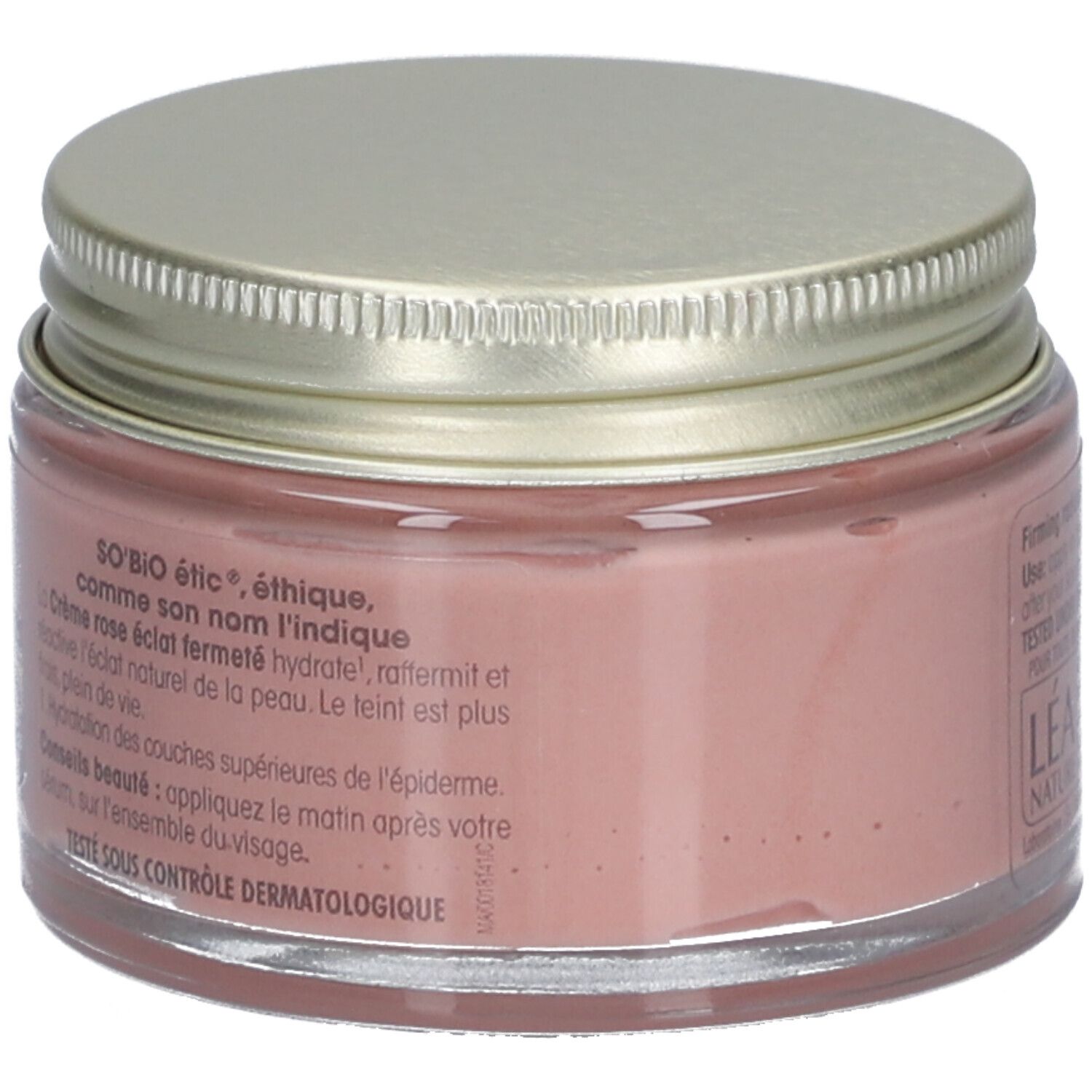 Pot roze crème met gouden deksel. Opschriften: SO'BiO étic, Crème rose éclat fermé, dermatologisch getest.