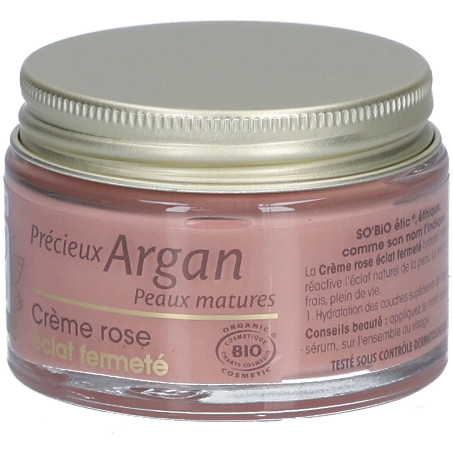 Pot roze crème met gouden deksel. Opschriften: SO'BiO étic, Crème rose éclat fermé, Peaux matures, Organic Cosmetic.