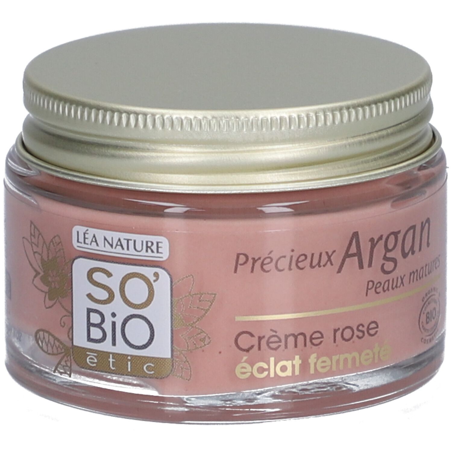 Pot roze crème met gouden deksel. Opschriften: SO'BiO étic, Crème rose éclat fermé, Peaux matures, Organic Cosmetic.