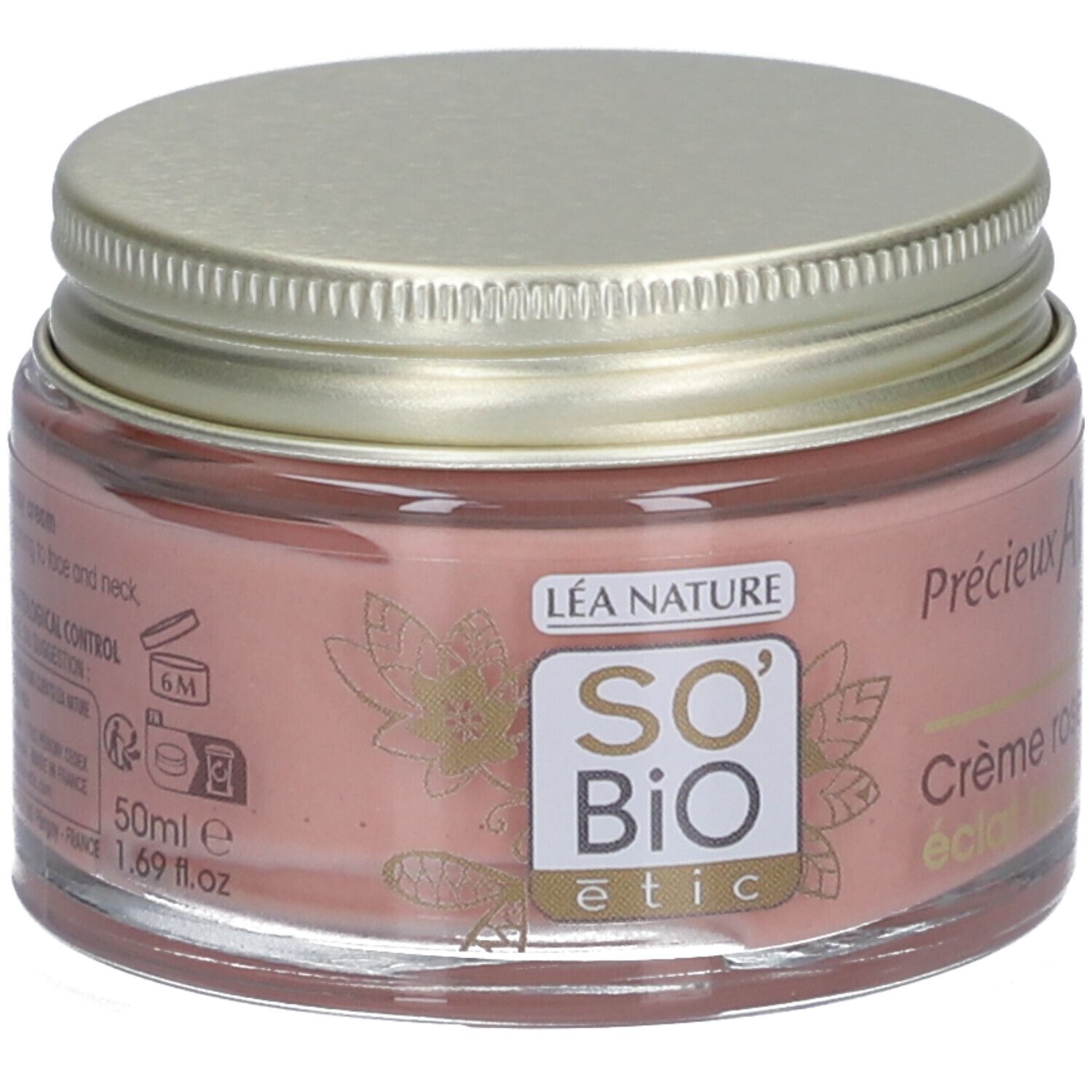 Pot roze crème met gouden deksel. Opschriften: SO'BiO étic, Crème rose éclat fermé, Léa Nature, 50ml, 1.69 fl.oz.