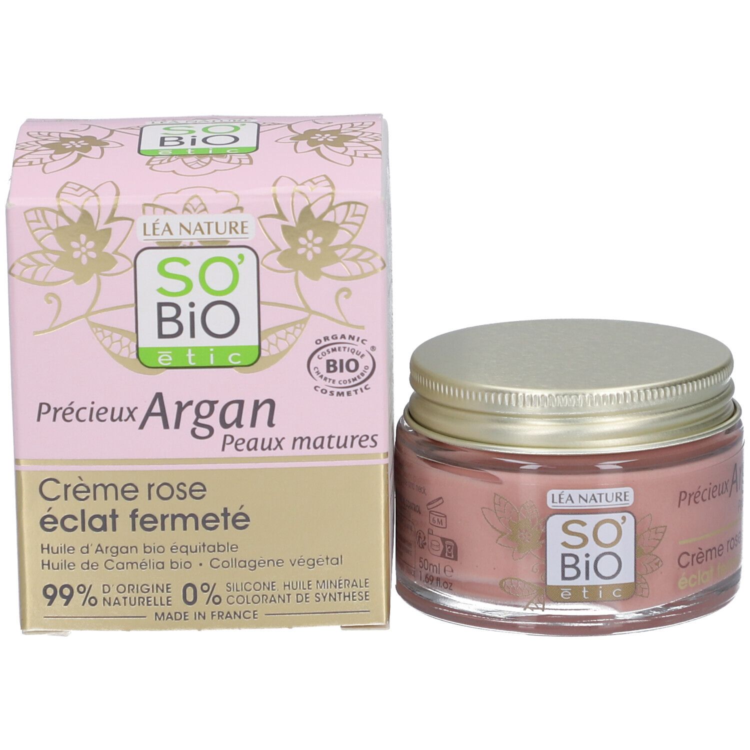 Pot roze crème en doos. Opschriften: SO'BiO étic, Crème rose éclat fermé, Peaux matures, Organic Cosmetic.