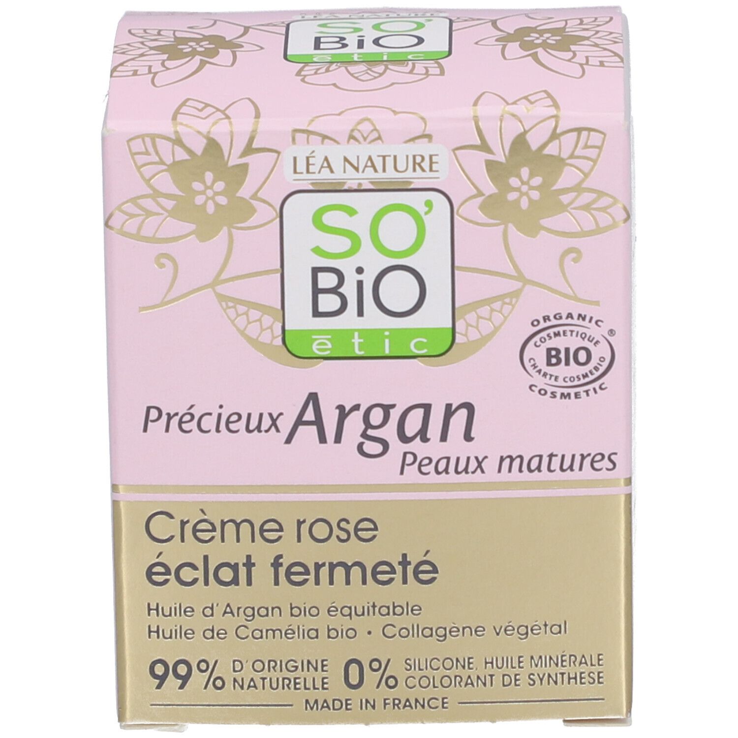 Doos met opschriften: SO'BiO étic, Crème rose éclat fermé, Peaux matures, Organic Cosmetic. 99% natuurlijke ingrediënten.