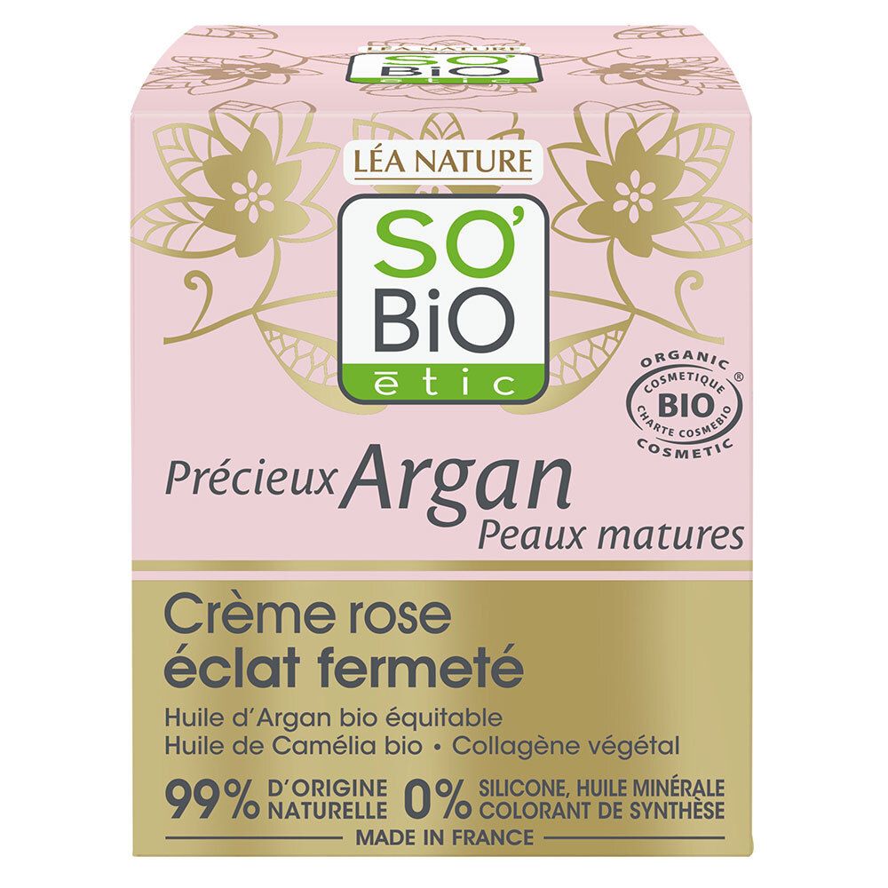 Roze kartonnen verpakking. Opschrift: SO'BiO étic, Crème rose éclat fermeté. Bio-certificering. Ingrediënten.